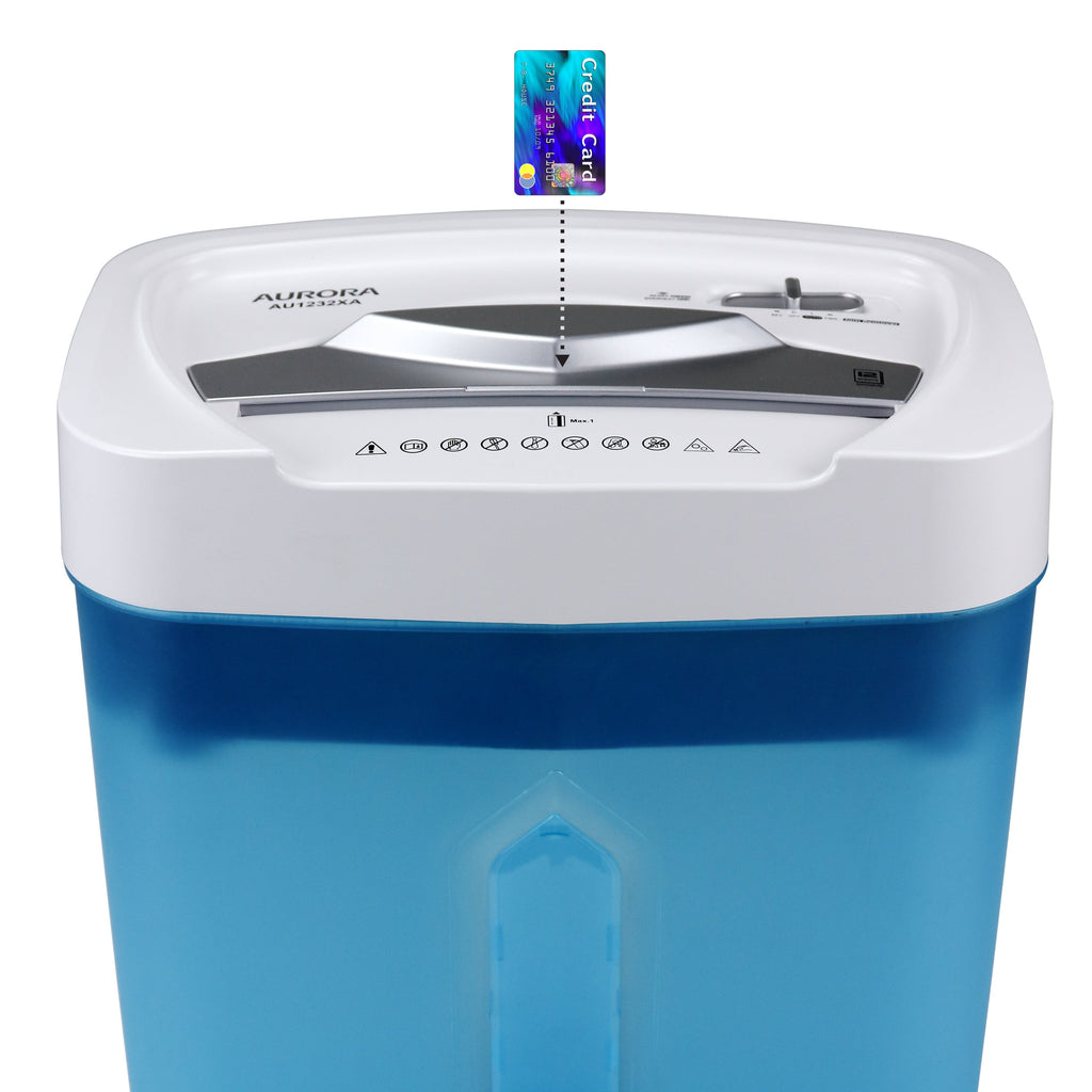 Aurora GB Anti-Jam 12-Sheet Crosscut Paper and Credit Card Paper Shredder 5.2-gallon Translucent Wastebasket , White/Blue