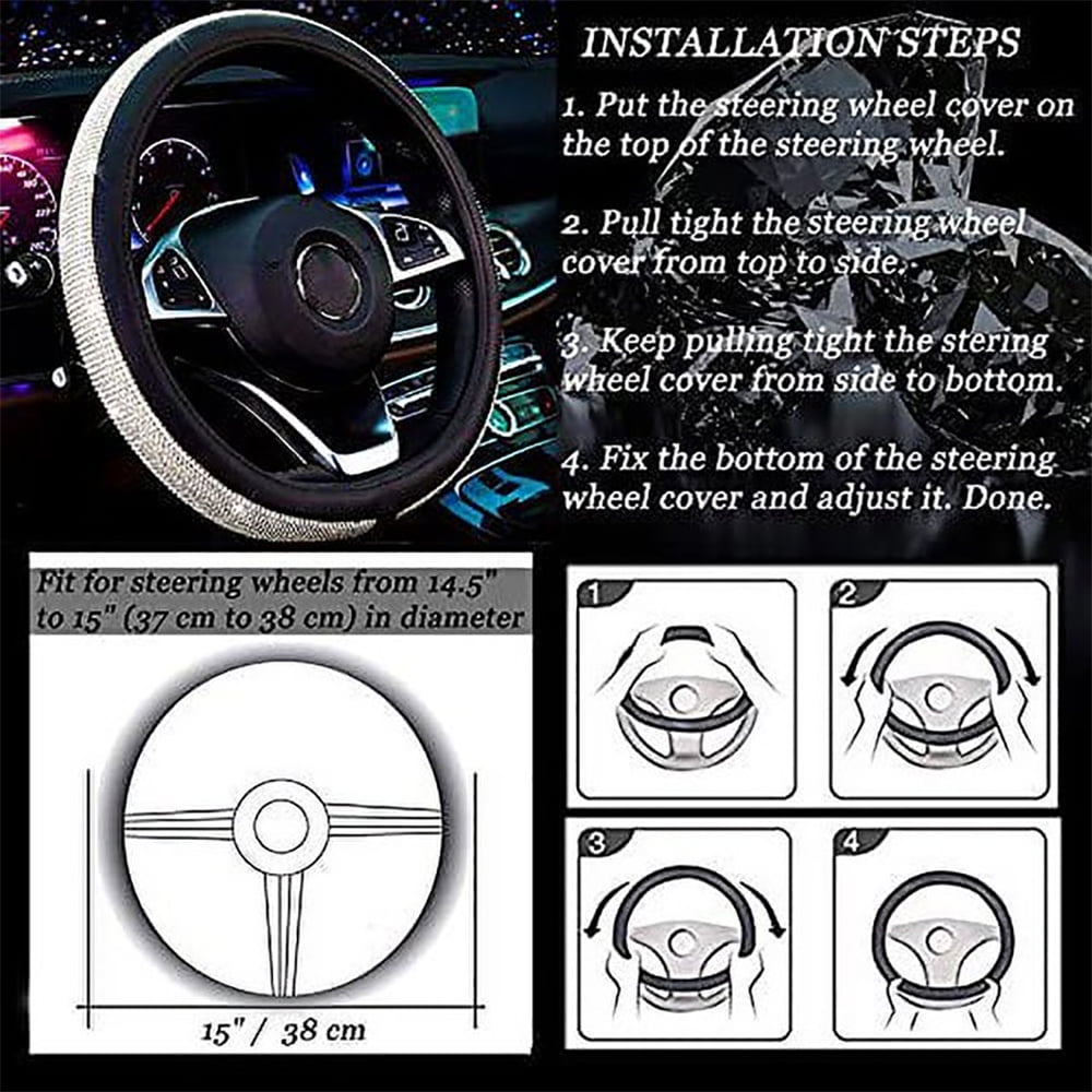 Universal 15" Luxury Crystal Steering Wheel Cover Kits with Seat Belt Cover and Shift Lever Cover