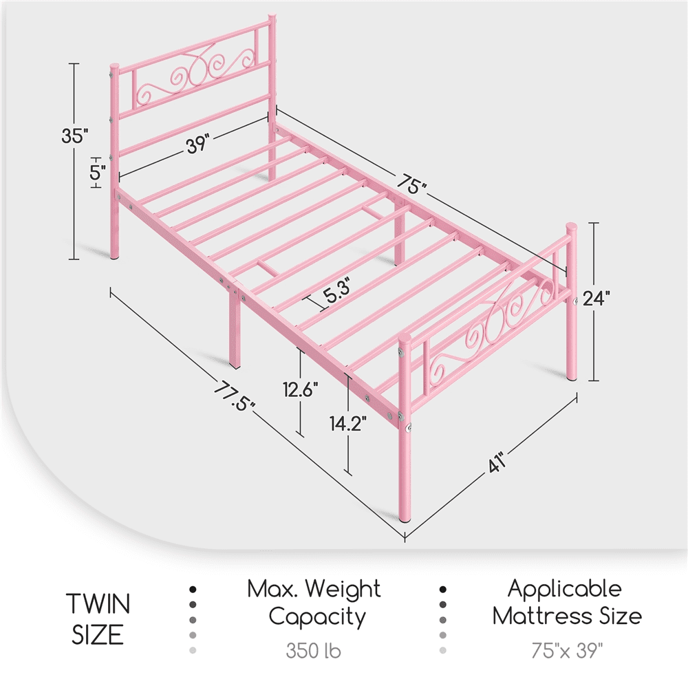 Easyfashion Jocelyn Modern Graceful Scroll Metal Platform Twin Bed,Pink