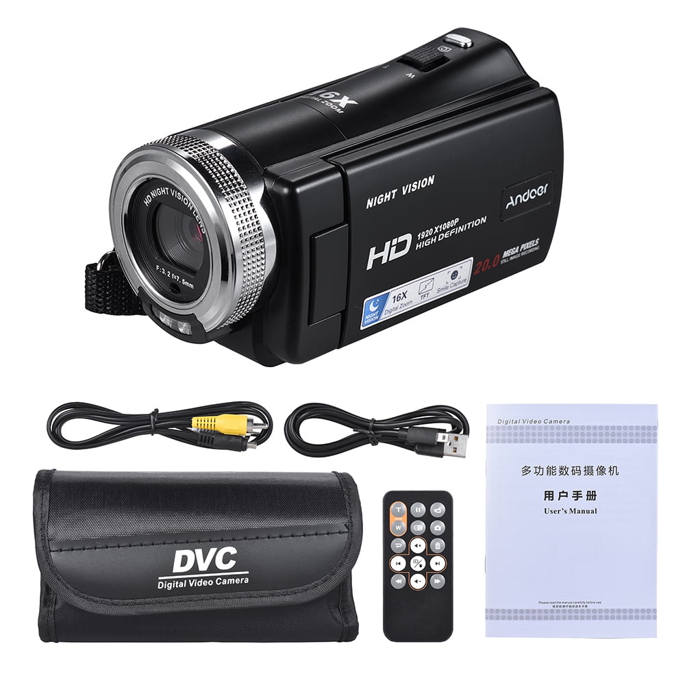 Andoer V12 1080p Full HD 16X Digital Zoom Recording Video Camera Portable Camcorder with 3.0 Inch Rotatable LCD Screen Max. 20 Pixels Support Night Vision Face Detection Face Beautification
