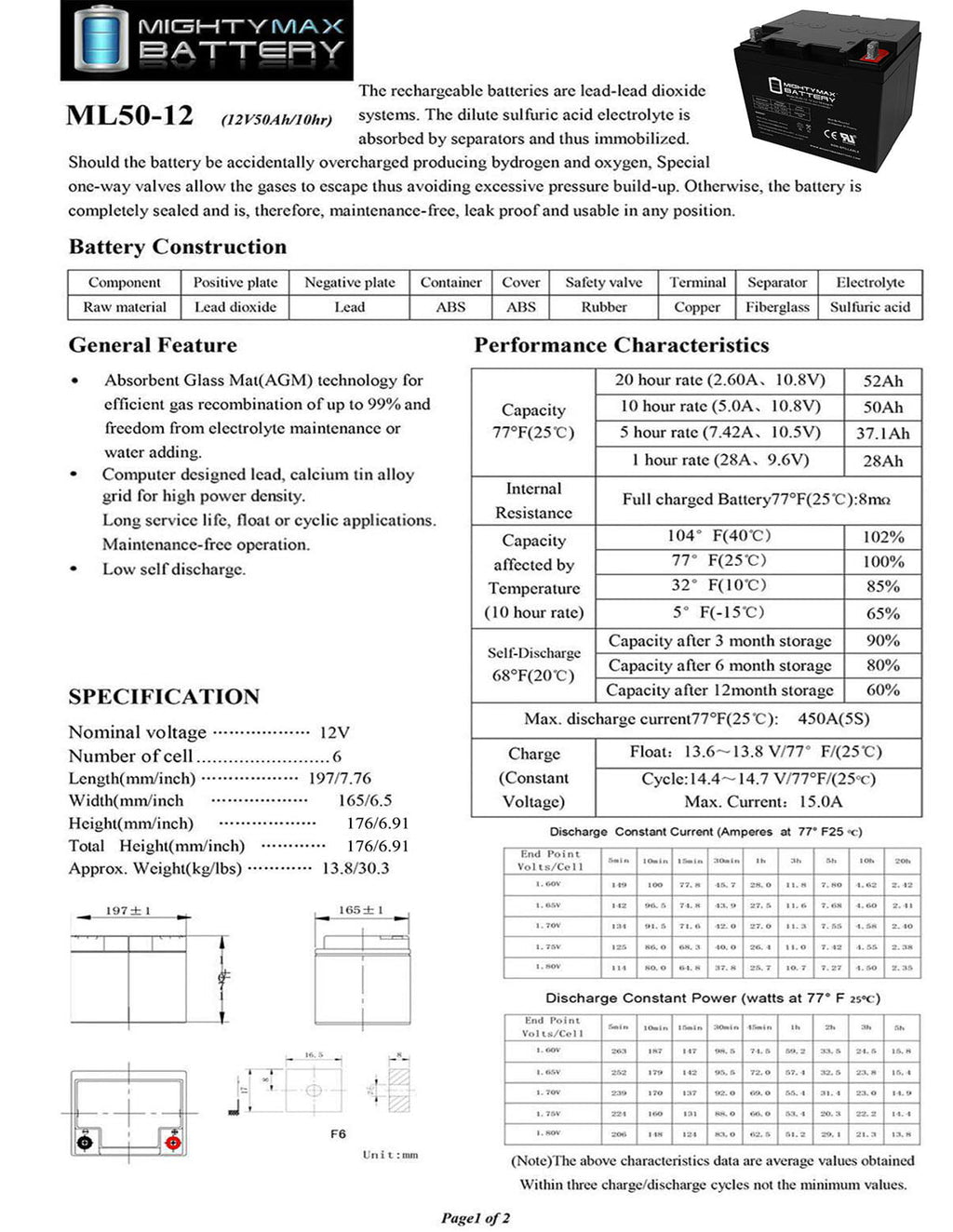 ML50-12 -12V 50AH Battery for C.T.M. Power Chair