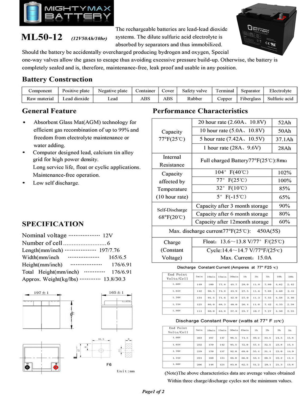 ML50-12 -12V 50AH Battery for C.T.M. Power Chair