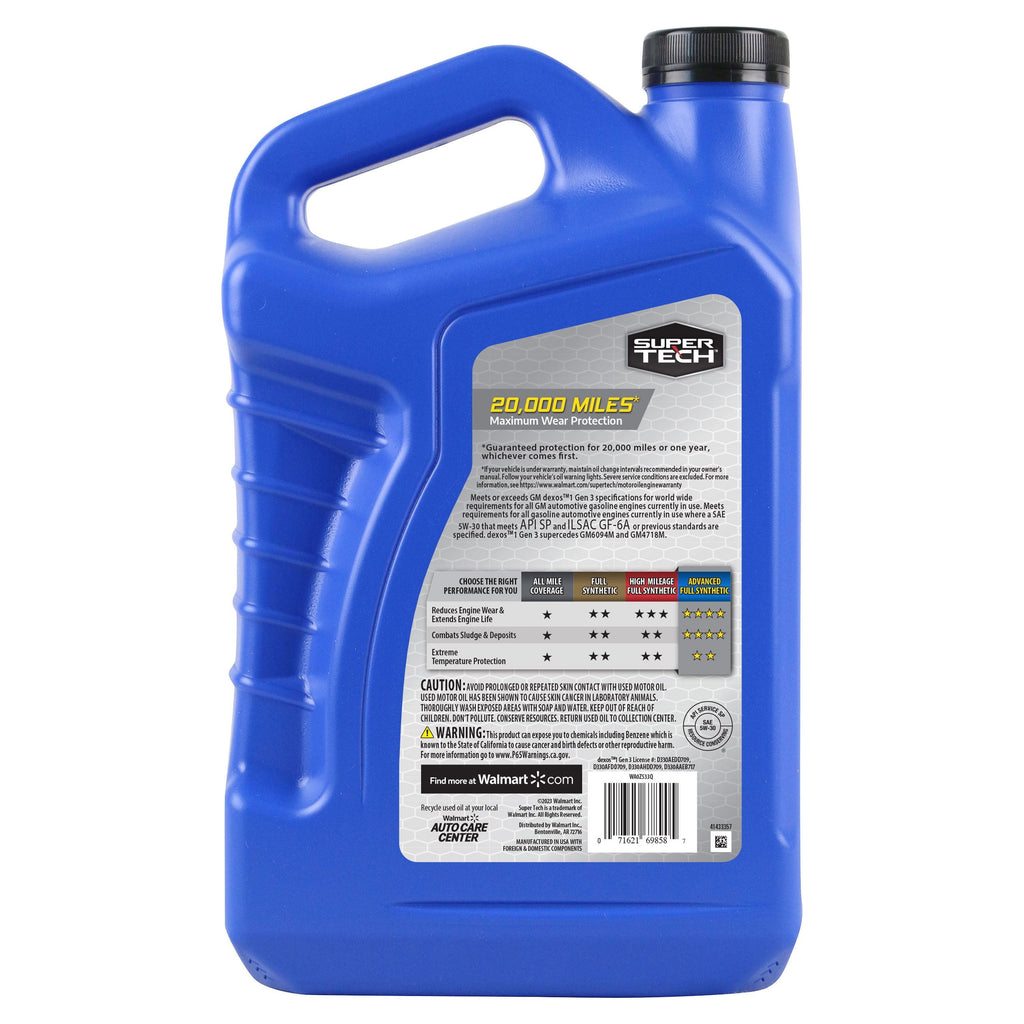 Super Tech Advanced Full Synthetic Motor Oil SAE 5W-30, 5 Quarts