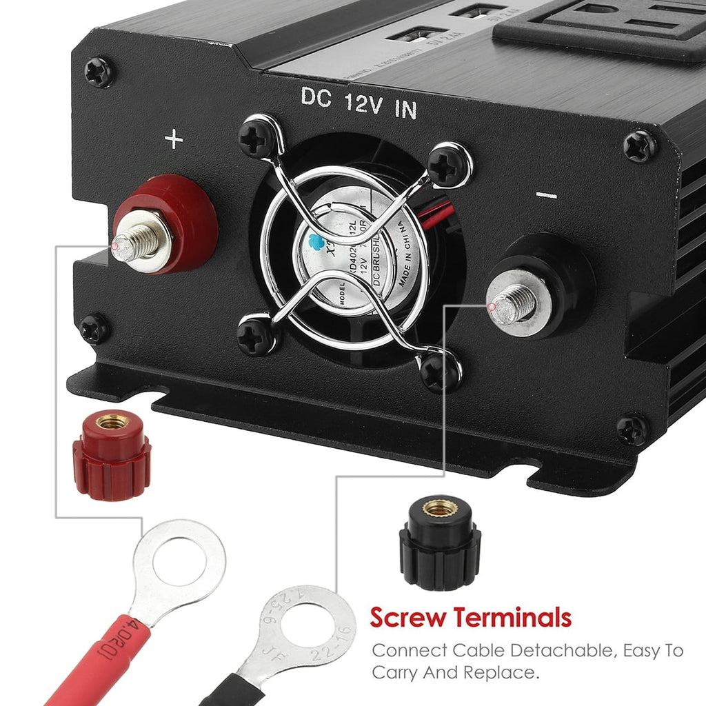 1000W Power Inverter 12V to 110VAC US Outlet 2.4A USB Port  Indicate Black