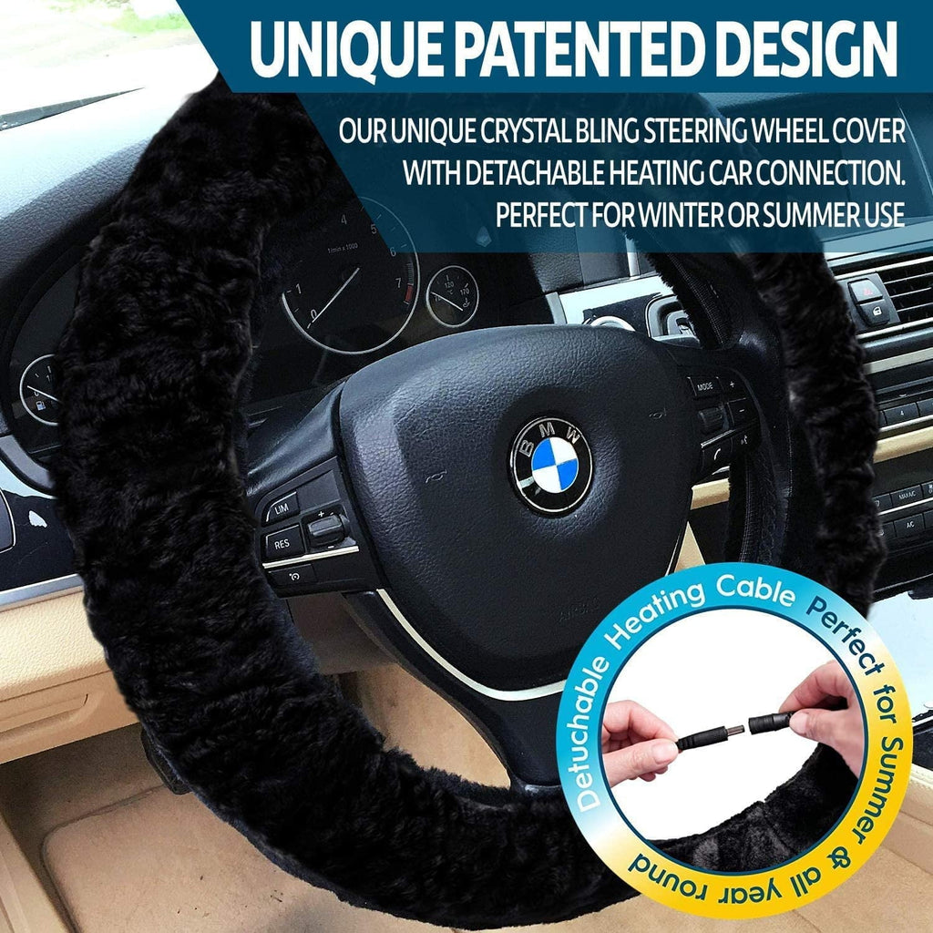 Zone Tech Classic Car Steering Wheel 12V Plush Heated Cover - Classic Black Upgraded Version Hand Warmer Ultra Comfortable 12V Elegant Design Vehicle Heated Wheel Plush Comfy Protector