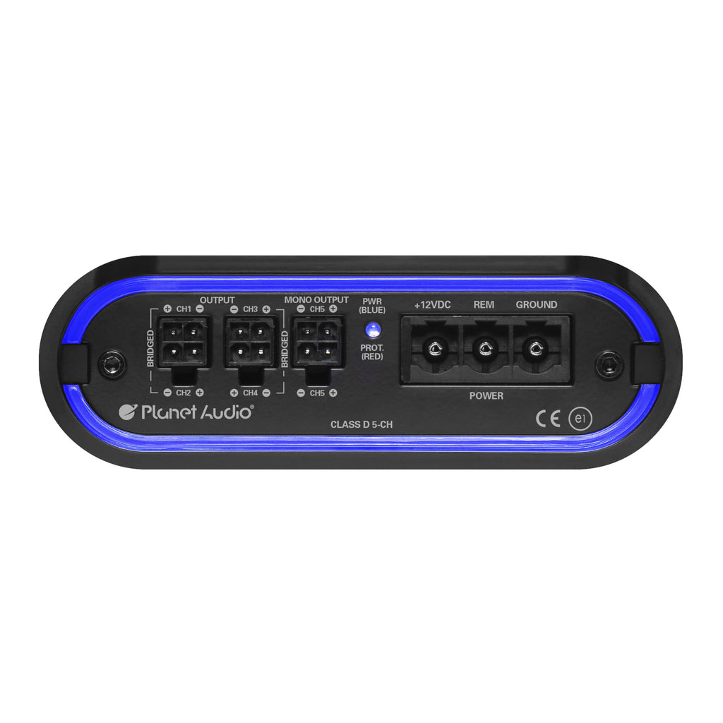 Planet Audio MB2200.5D Mini Bang Series Car Audio Amplifier - 2200 High Output, 5 Channel, Class D, 2 Ohm, Low/High Level Inputs, Low/High Pass Crossover, Full Range, Hook Up To Stereo and Subwoofer