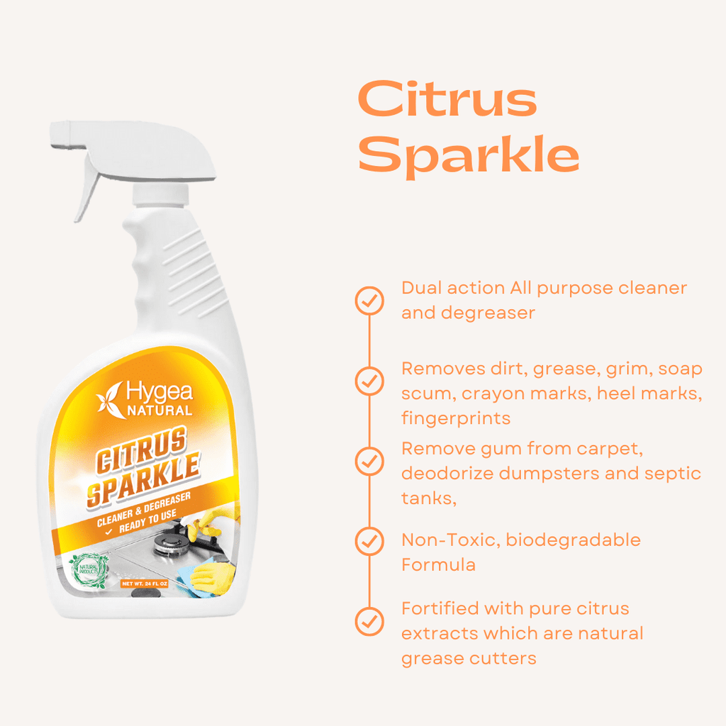 Citrus Sparkle Non-toxic Citrus Orange heavy duty Degreaser & All purpose cleaner by Hygea Natural- Pure Citrus Extracts & natural D-limonene- Removes grease, dirt, grime and more- 24 oz spray RTU