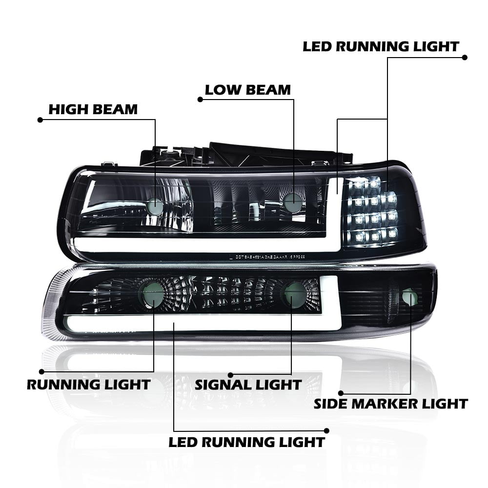 G-Plus LED DRL Headlights+Bumper Lamps Smoked Fit for 1999-2002 Chevy Silverado 2000-2006 Tahoe