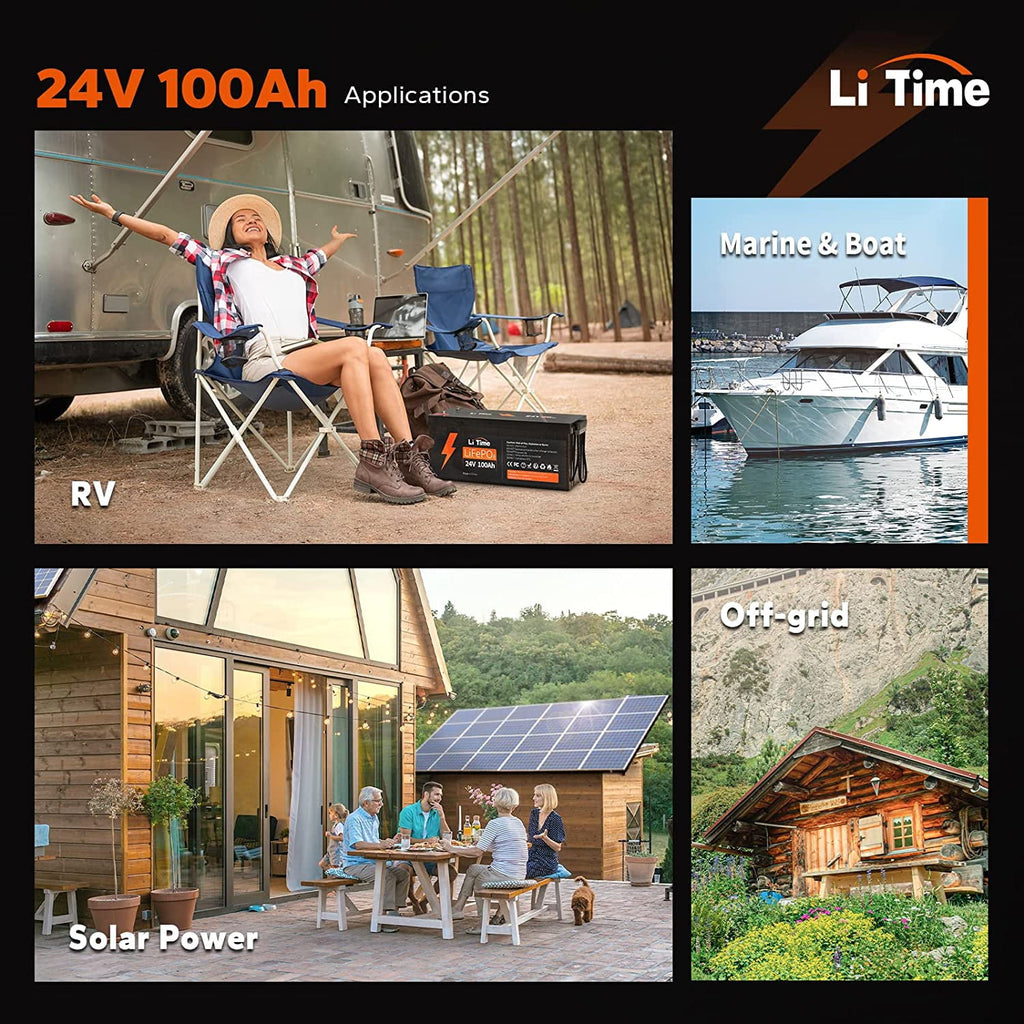 LiTime 24V 100Ah LiFePO4 Lithium Battery 4000+ Cycles 2.56kWh for Off-Grid Applications, RV, Solar, Motorhome