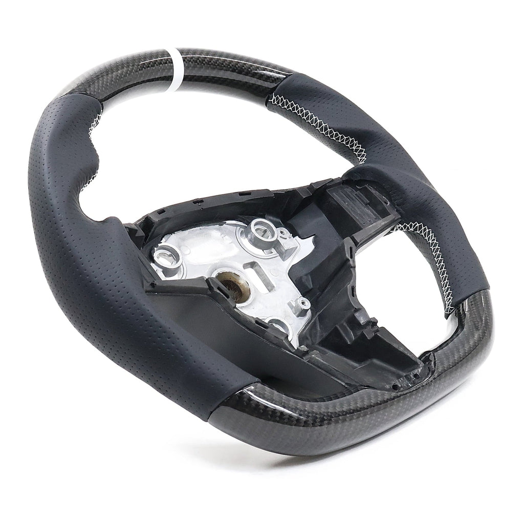 Ikon Motorsports Steering Wheel Compatible with 17-23 Tesla Model 3 Y Carbon Fiber & Perforated Leather With White Stitching & Stripe Steering Wheel Cover