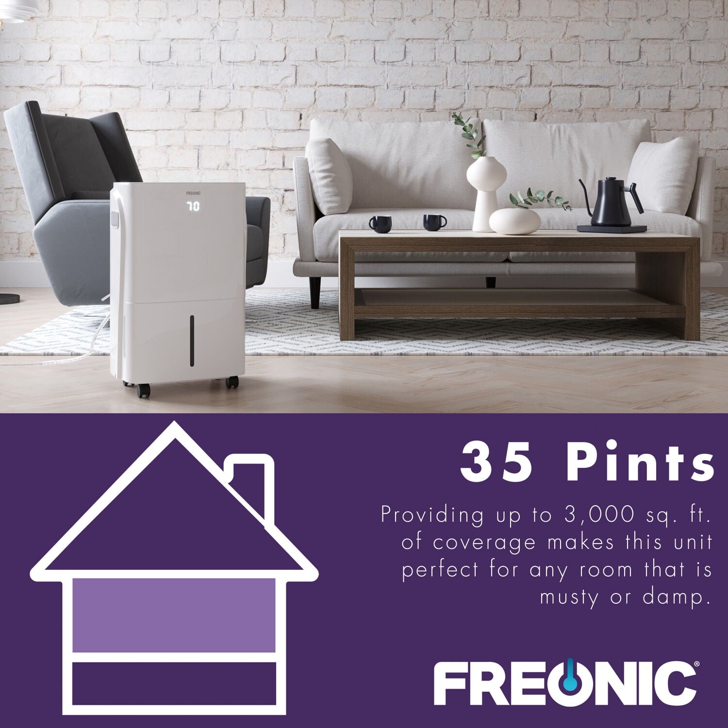 Freonic Energy Star 35-Pint 3,000 Sq.Ft. Portable Dehumidifier in White