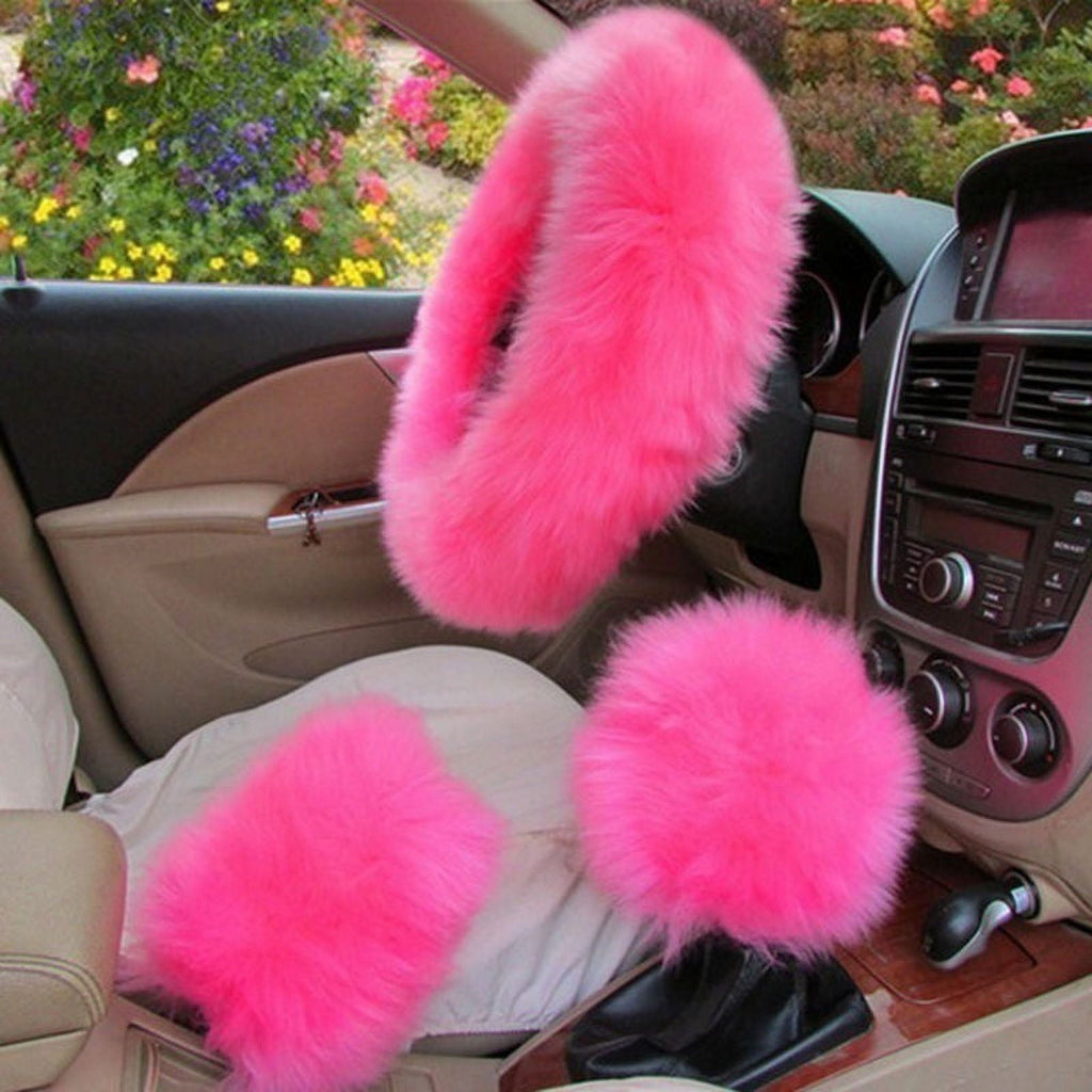 Hot 3Pcs/Set Woolen Winter Soft Warm Fuzzy Steering Wheel Cover Long Plush Handbrake Car Accessory Pink/Saffron Yellow/Black/Wine Red/Beige
