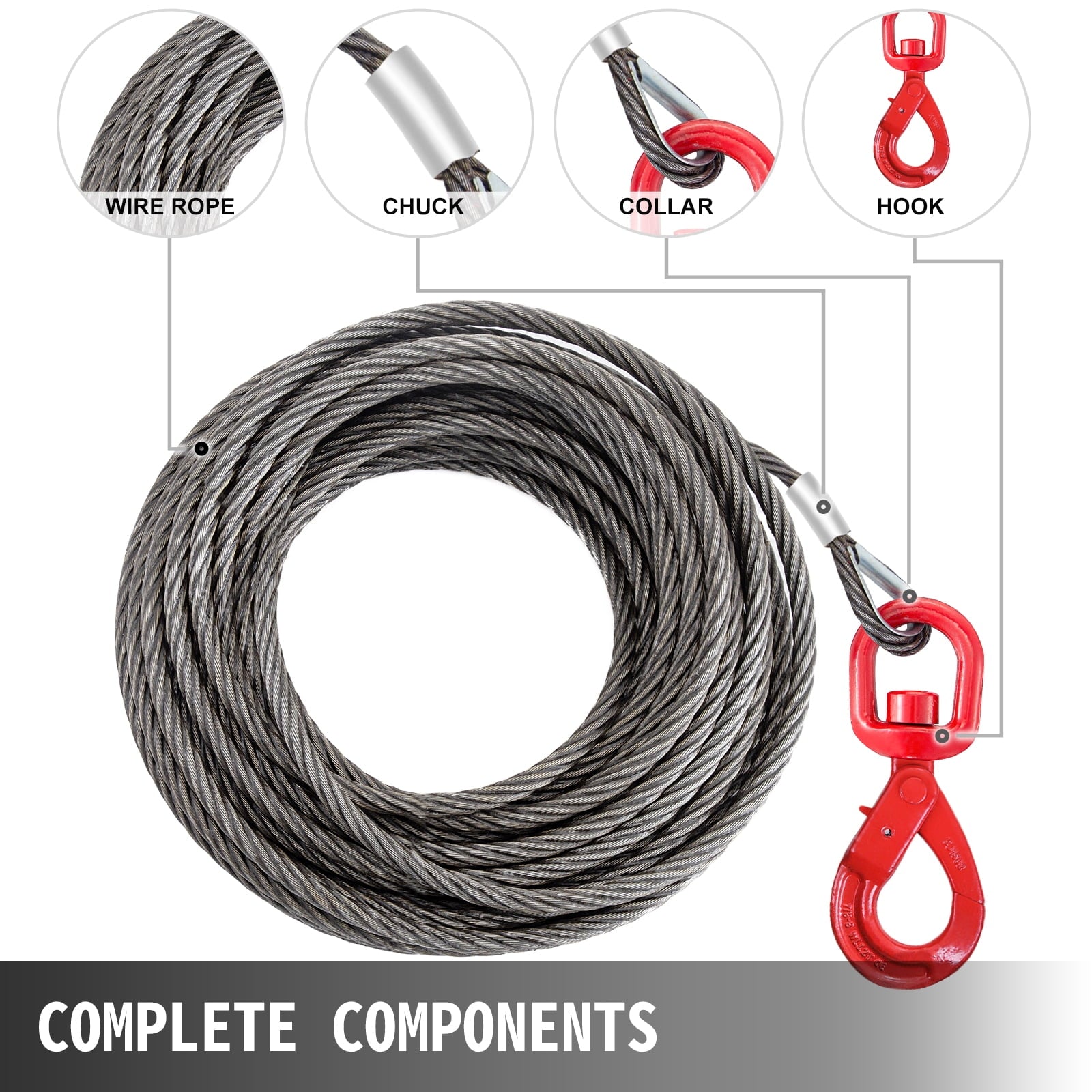 VEVOR Galvanized Steel Winch Cable, 3/8" x 100' - Wire Rope with Hook, 8800 lbs Breaking Strength - Towing Cable Heavy Duty, 6x19 Strand Core - for Rollback, Crane, Wrecker, Tow Truck