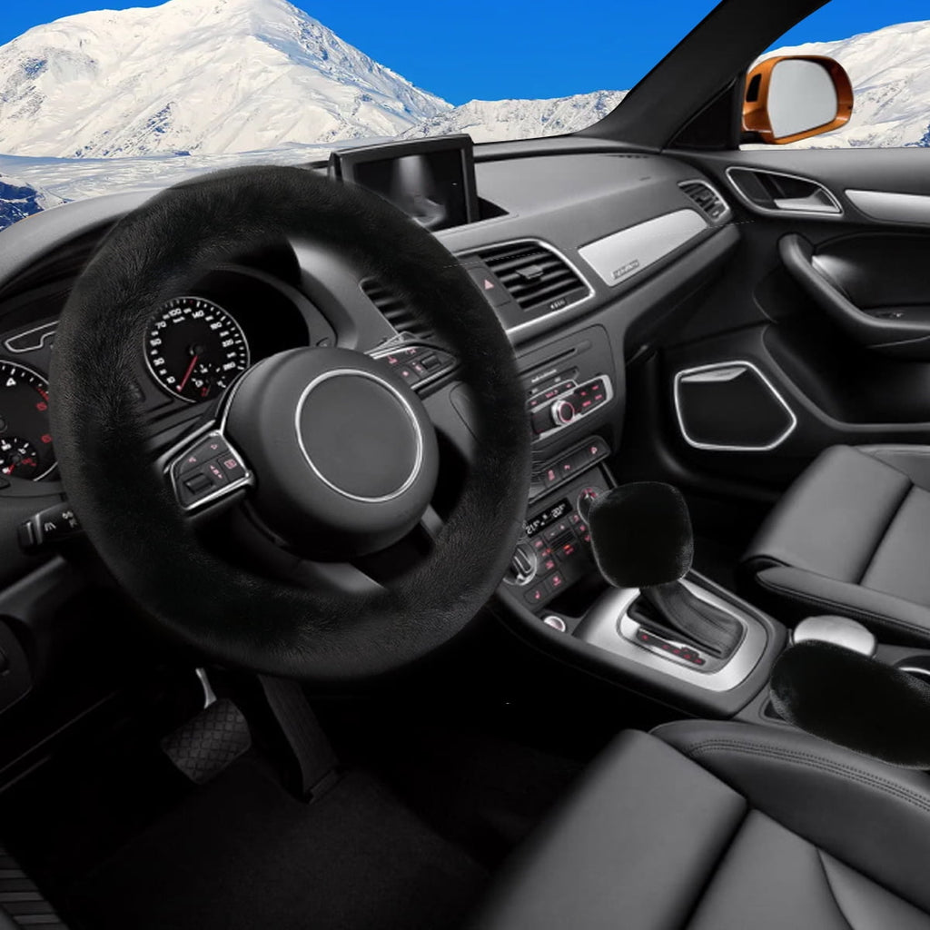 5 PCS Faux Rabbit Fur Fuzzy Steering Wheel Cover Soft Warm Winter Gear Knob Shift Handbrake Fluffy Cover Seat Belt Pads Kit Universal Fit Black Car interior Accessory for Women
