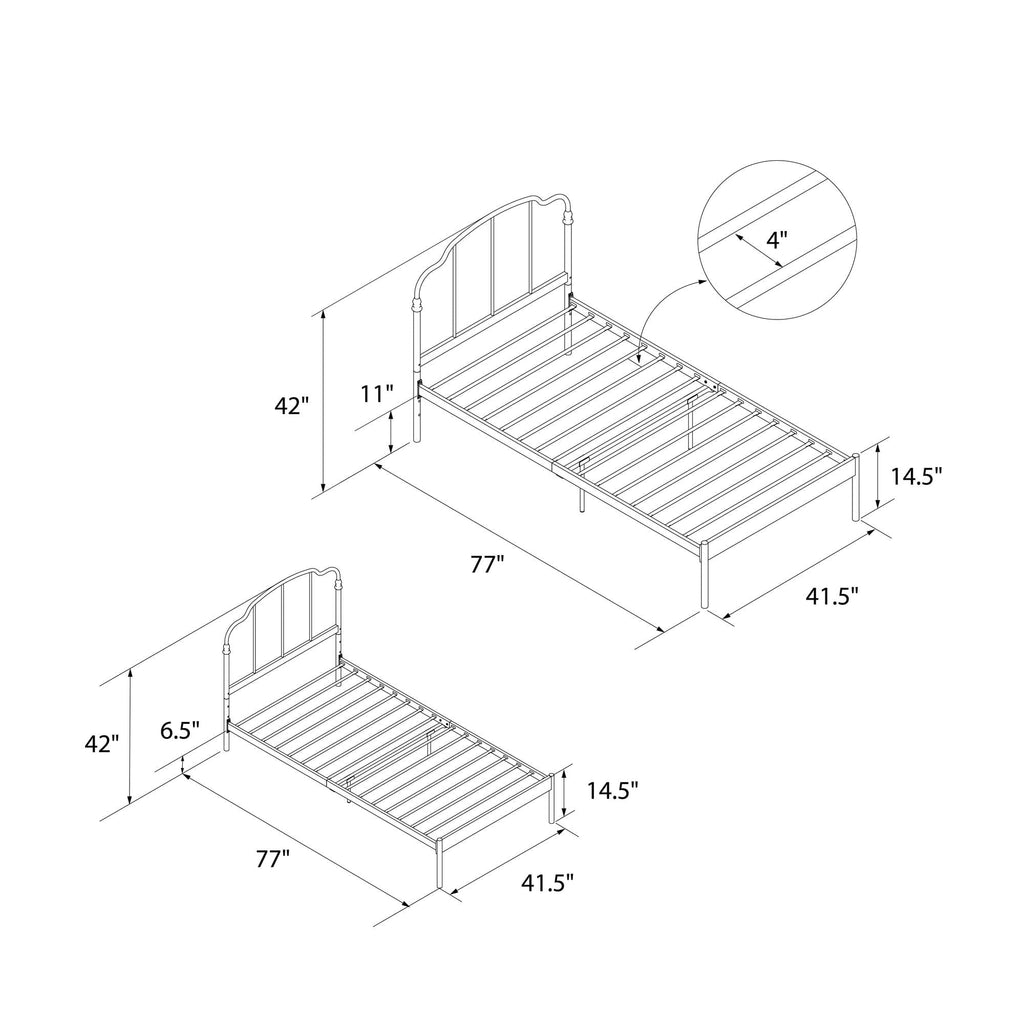 RealRooms Camie Metal Bed, Adjustable Base Height, Twin, White
