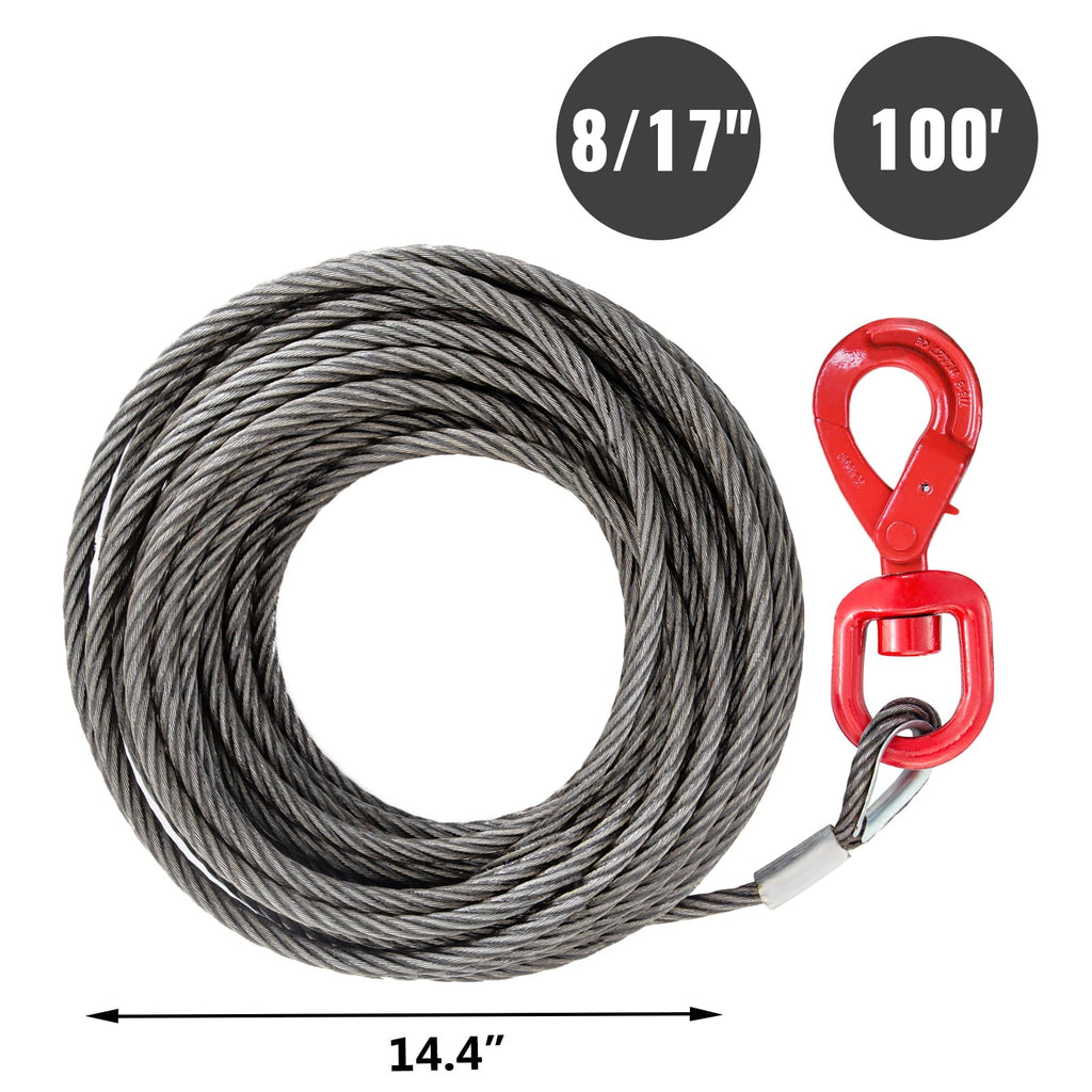 VEVOR Galvanized Steel Winch Cable, 3/8" x 100' - Wire Rope with Hook, 8800 lbs Breaking Strength - Towing Cable Heavy Duty, 6x19 Strand Core - for Rollback, Crane, Wrecker, Tow Truck
