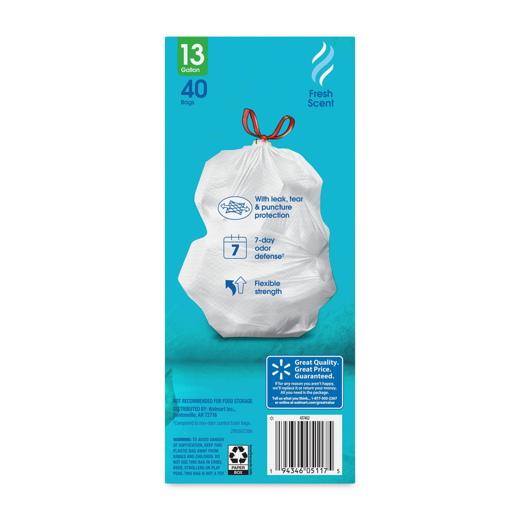 Great Value Strong Flex 13-Gallon Drawstring Tall Kitchen Trash Bags, Fresh Scent, 40 Bags