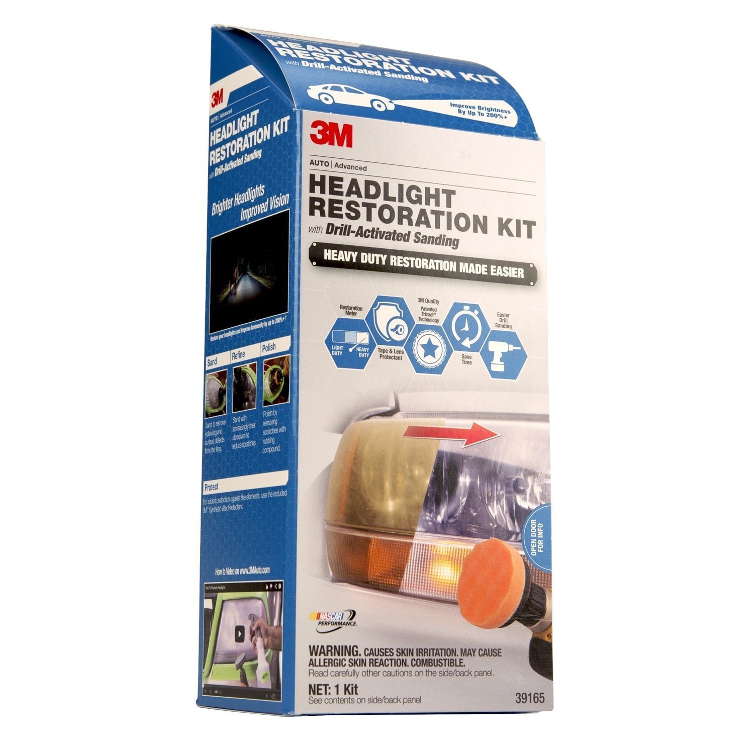3M 39165 Headlight Restoration Kit Heavy Duty with Drill-Activated Sanding