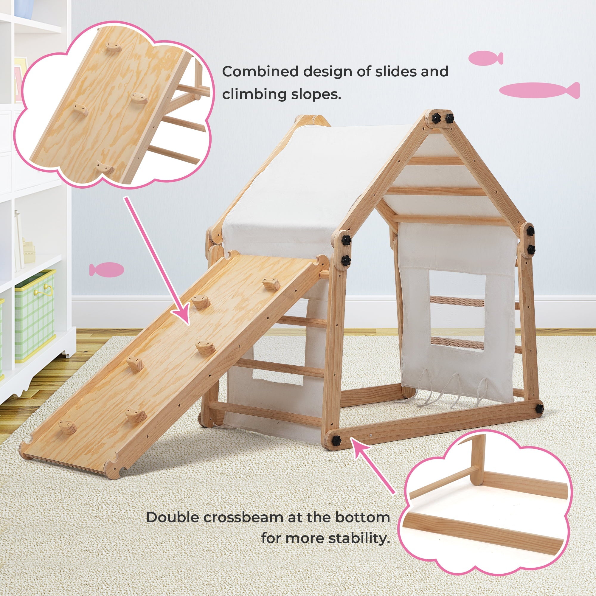 Jaxpety Wooden Triangle Climber Set with Ladder and Canvas Tent, Toddler Indoor Climbing Toys for Kids Aged 3-8 Years Old, Natural Wood