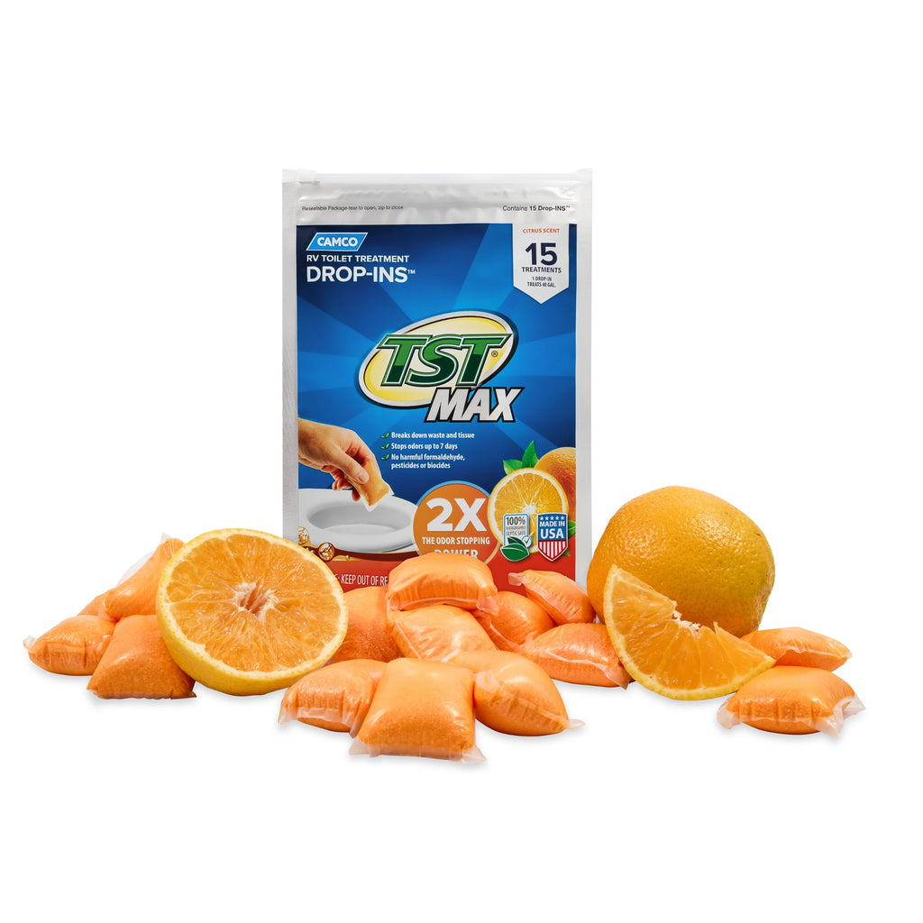 Camco TST MAX Camper/RV Toilet Treatment Drop-INs | Control Unwanted Odors and Break Down Waste and Tissue | Safe Septic Tank Treatment | Orange Scent | 15-Pack (41189)