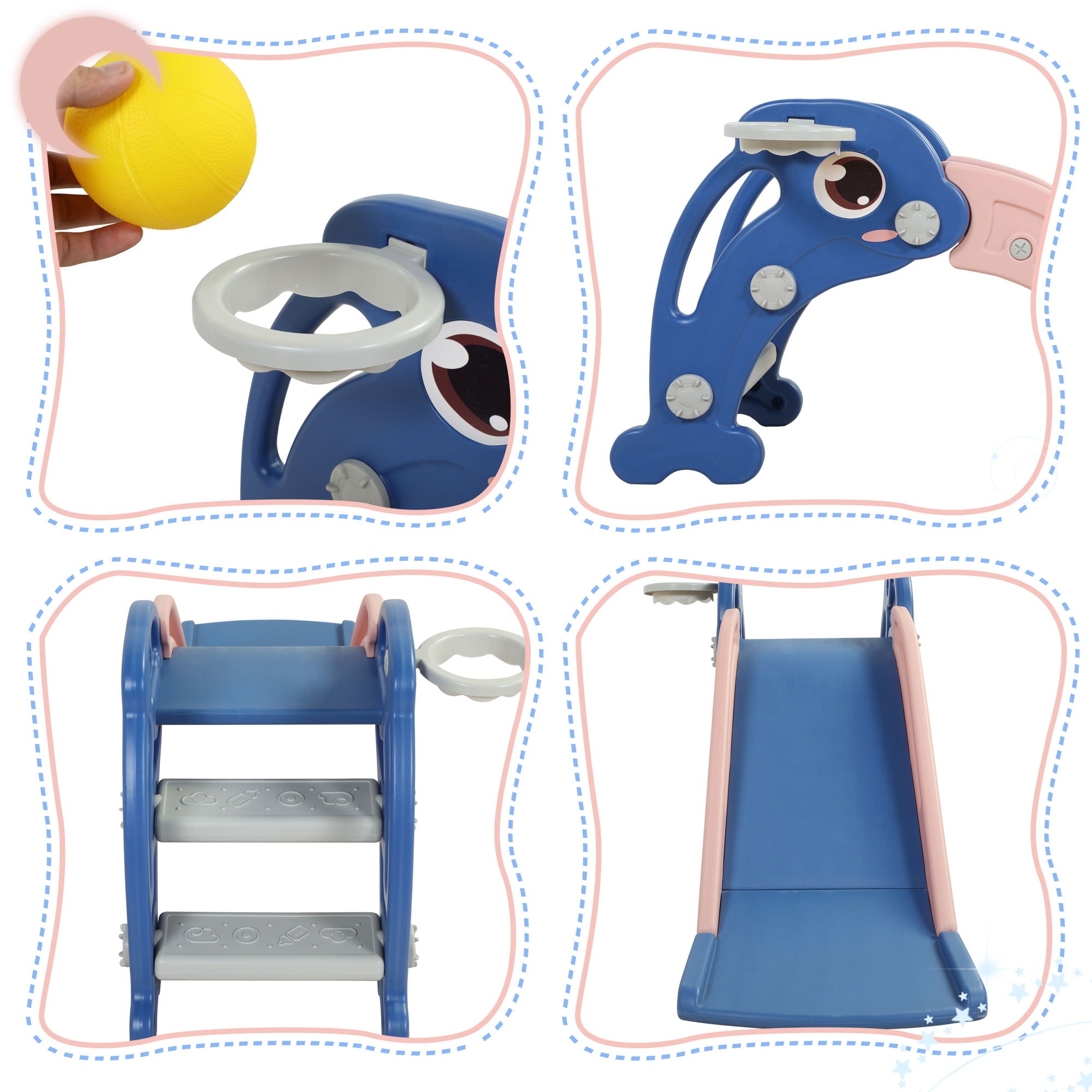 Joinfun 2 in 1 Slide,Toddler Freestanding Extra Long Slide with Basketball Hoop & Ball, Indoor Outdoor, Blue