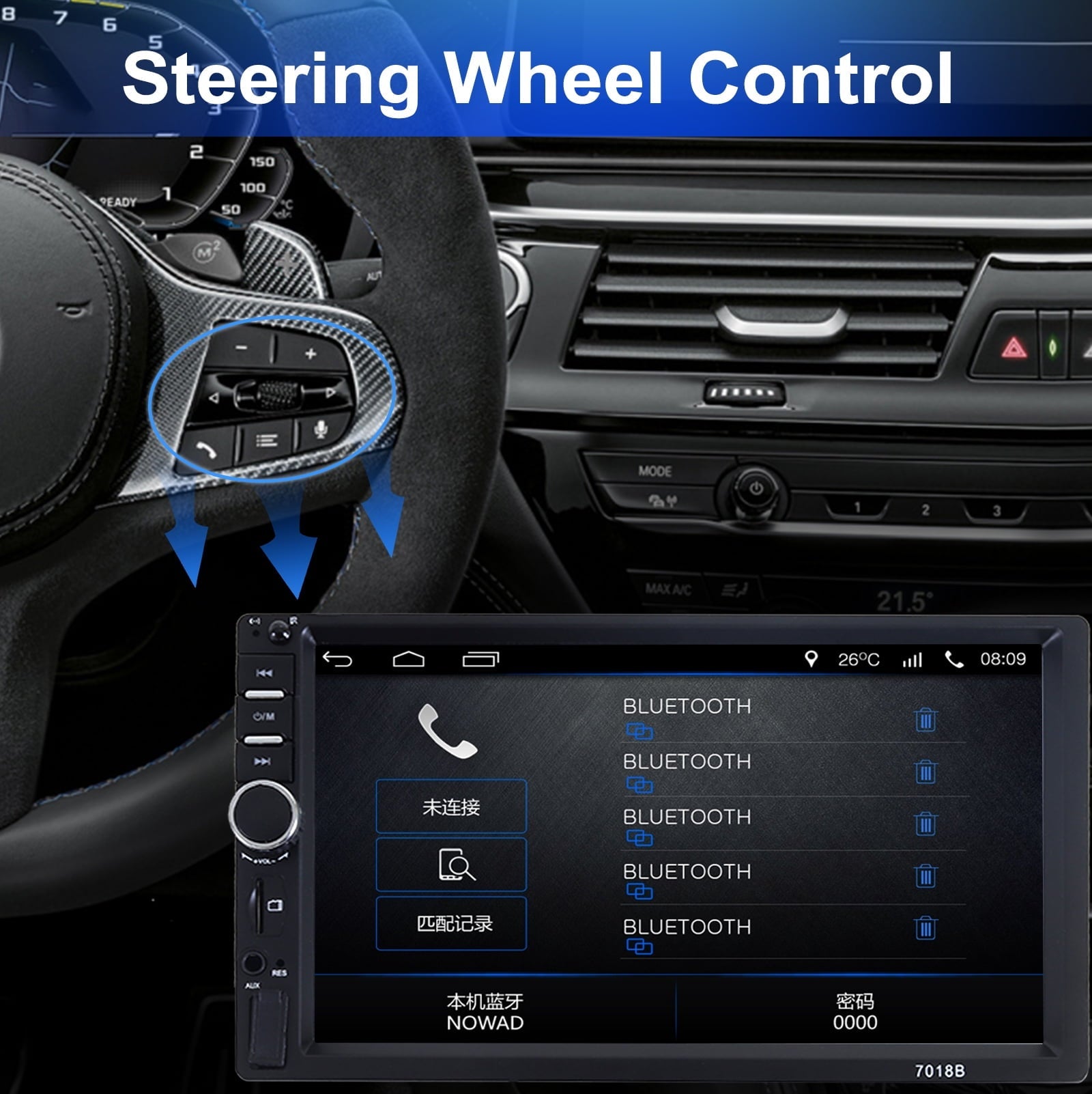 Double DIN Car Stereo Radio, 7" HD Car MP5 Player, Digital Display Touch Screen, Bluetooth 4.2/ MP5 Player, Car Radio with Bluetooth, 4 LED Rearview Camera