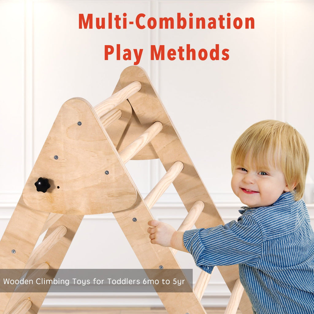 IKER Pikler Triangle Set, 4-in-1 Foldable Triangle Ladder, Montessori Climbing Toys, Rock Climbing Ramp, Set Arch Climber, Rocker, Indoor Outdoor Playground Climbing Toys for Toddlers (Natural)