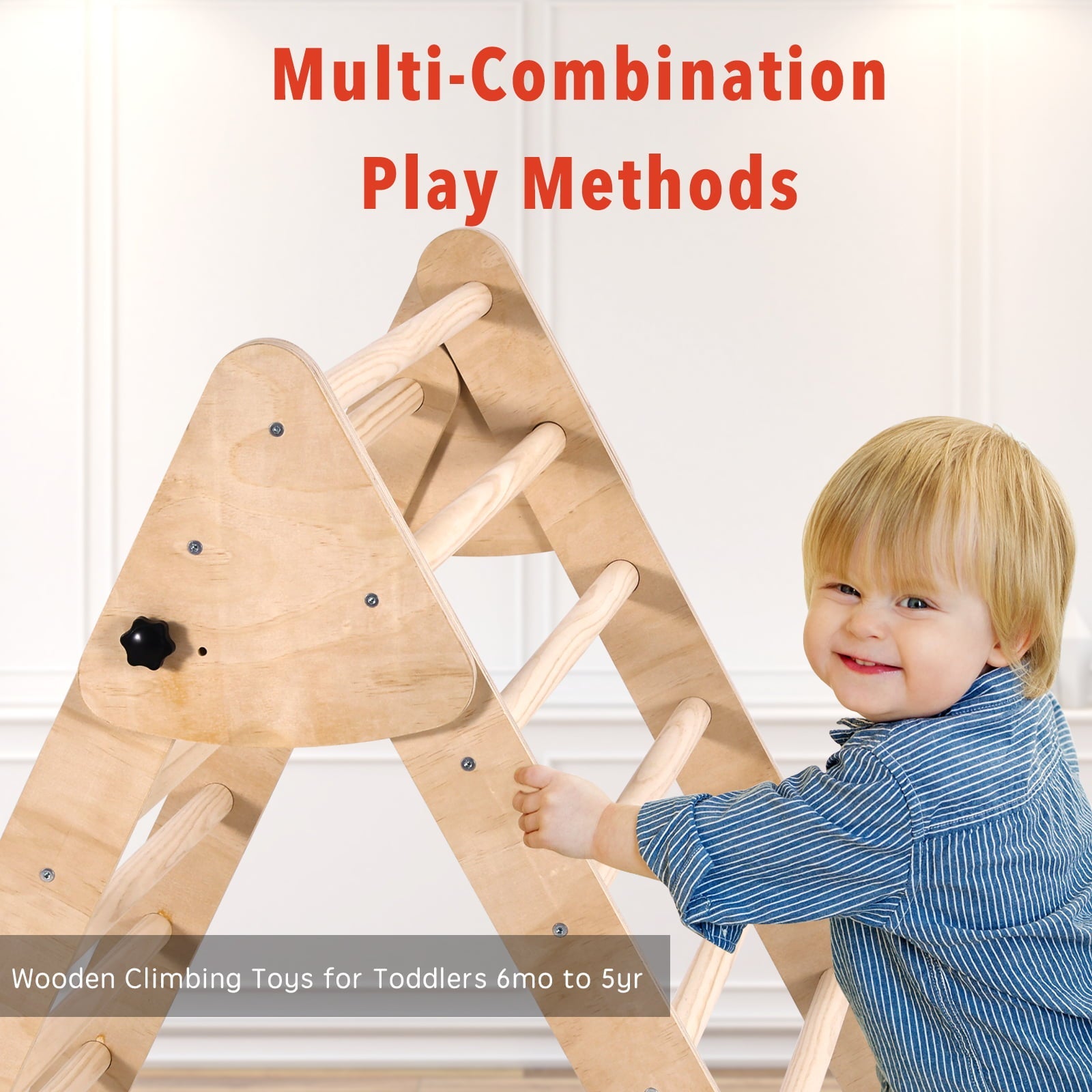 IKER Pikler Triangle Set, 4-in-1 Foldable Triangle Ladder, Montessori Climbing Toys, Rock Climbing Ramp, Set Arch Climber, Rocker, Indoor Outdoor Playground Climbing Toys for Toddlers (Natural)