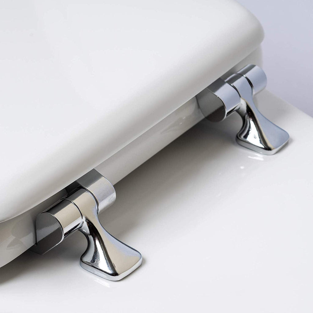MAYFAIR Soft Toilet Seat with Chrome Hinges, ROUND, Padded with Wood Core, White, 13CP