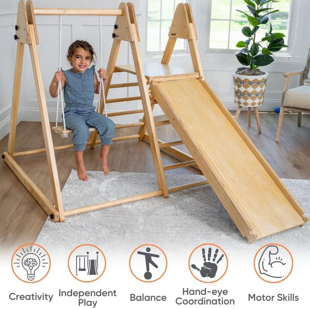Avenlur Juniper Montessori Toddler Playset Indoor Playground Folding Gym, Interchangeable Baby/Toddler Swing 5 in 1 Multifunctional Foldable, Ladder Climber, Slide, Rock Climbing Kids Ages 1yr - 5yrs