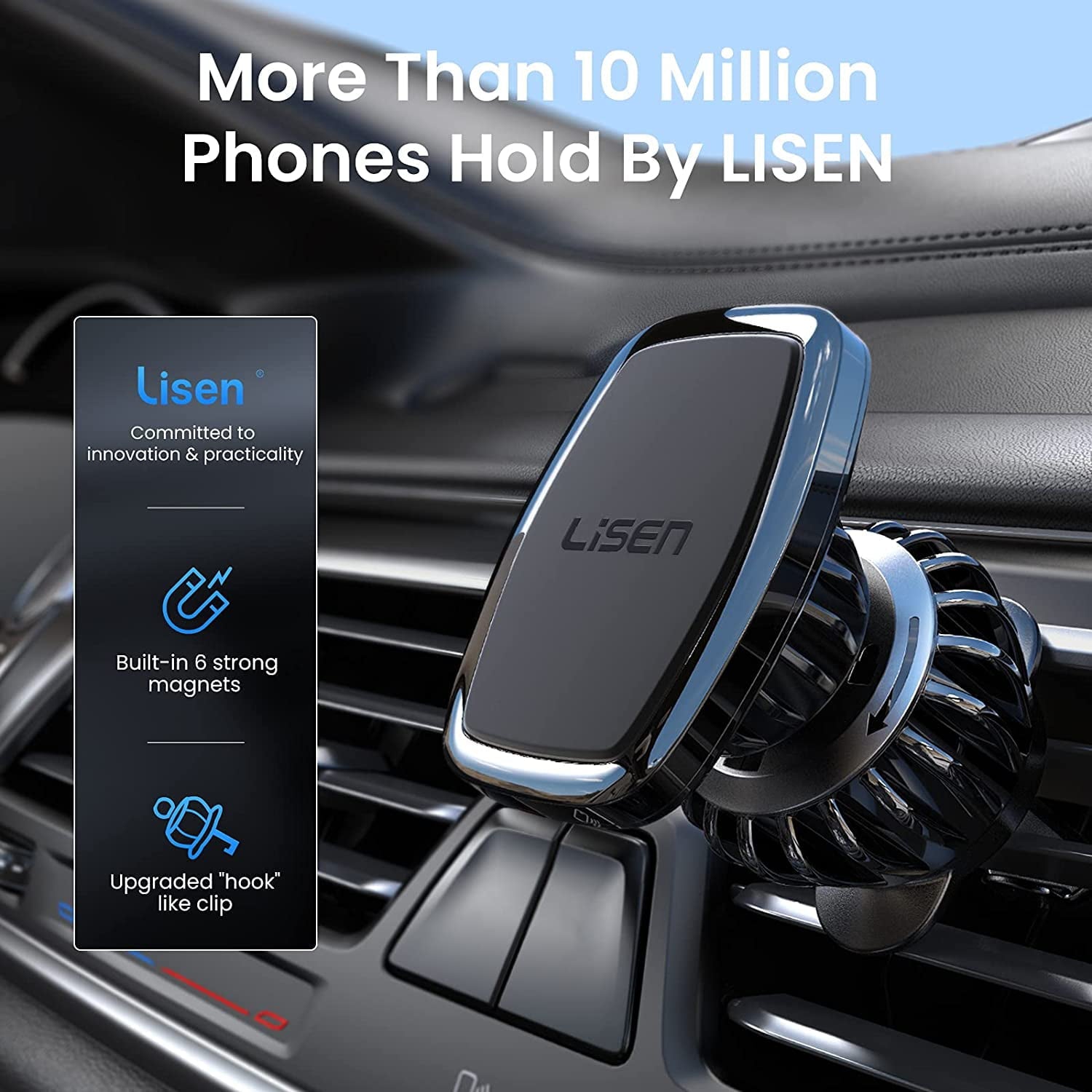 LISEN Car Phone Holder Mount, [Upgraded Clip] Magnetic Phone Car Mount [6 Strong Magnets] Cell Phone Holder for Car [Case Friendly] iPhone Car Holder Compatible with All Smartphones & Tablets
