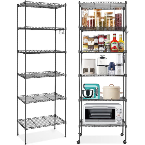 6-Tier Shelf Rack Wire Shelving Unit Storage Height Adjsutable Metal Shelf with 4 Side Hooks, 260lbs Capacity Free Standing Rack Organization for Kitchen Bedroom Garage