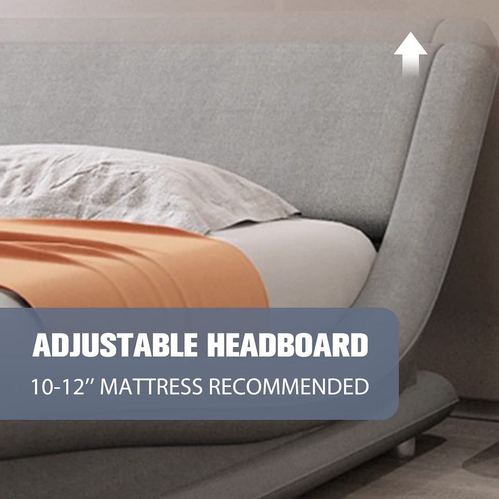 Allewie Full Size Platform Bed Frame with Curved Adjustable Headboard, 100% Fabric Upholstered Style, 10'' Mattress Recommended, Grey