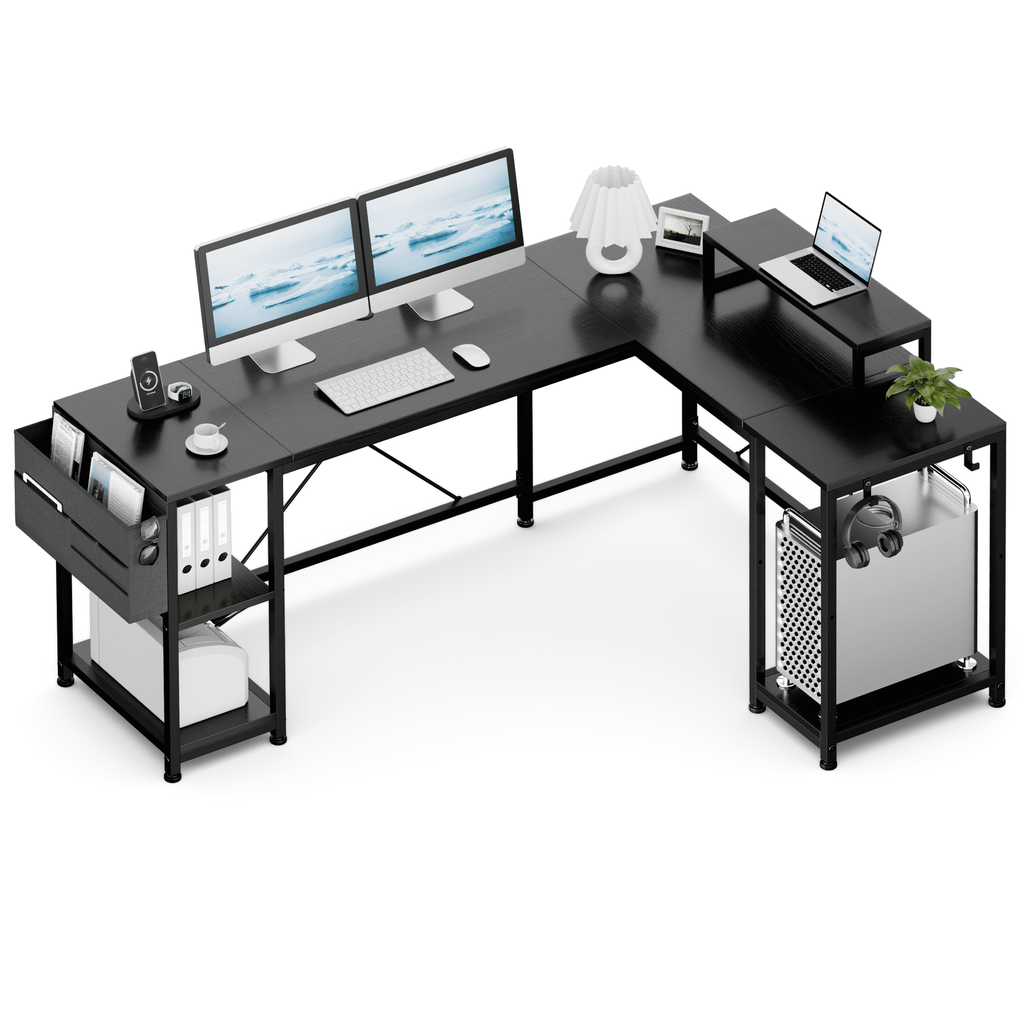 Lulive L-Shaped Computer Desk, 95" Reversible Computer Desk Office Desk with 3 Shelves/Monitor Stand/ Storage Bag/Hooks for Home Office, Black