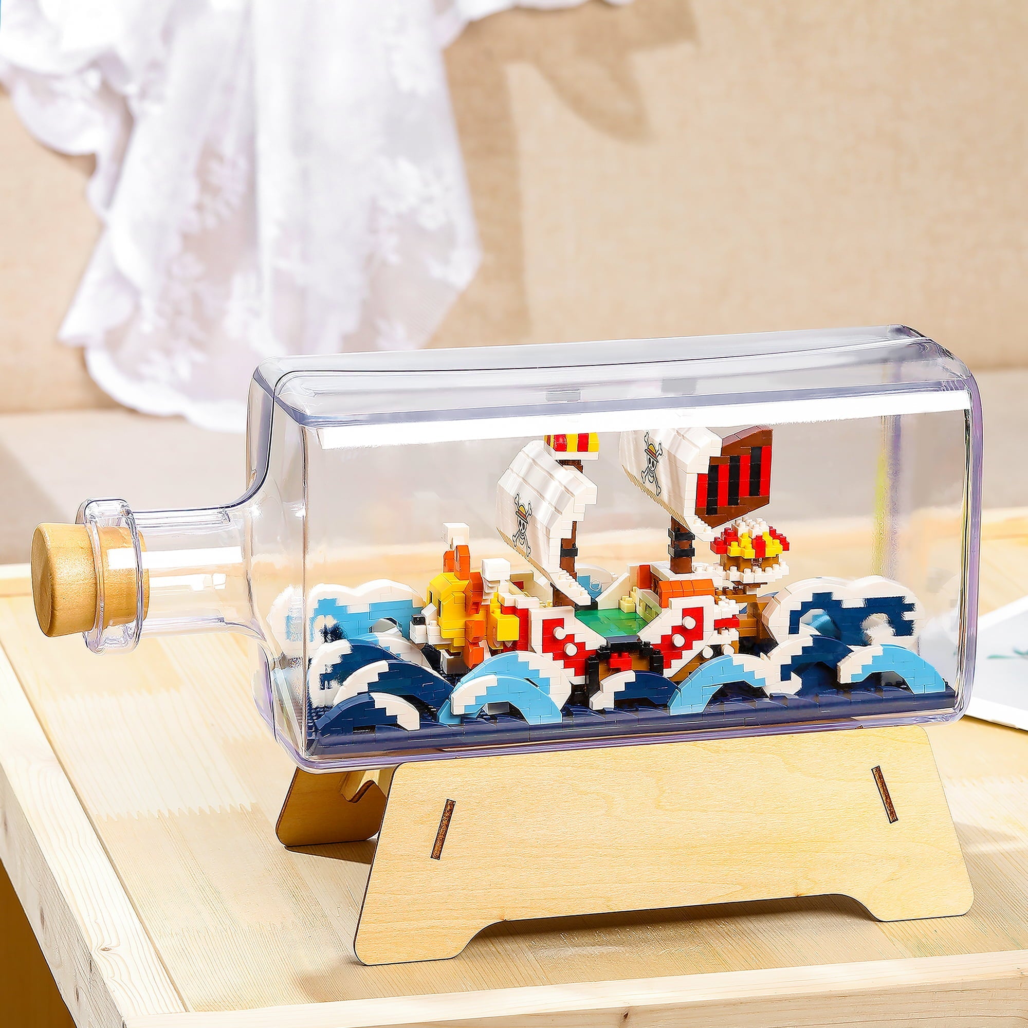 HI-Reeke Building Block Set One Piece Anime Ship in a Bottle Micro Brick Kit Thousand Sunny Toy