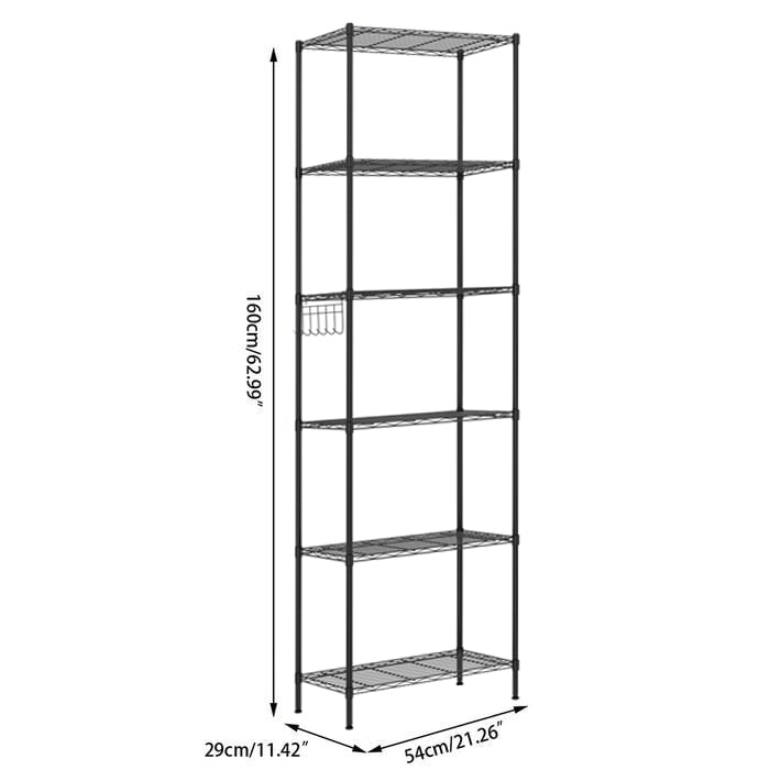 6-Tier Wire Shelving Unit Storage Rack Metal Shelf Organizer with 6 Hooks for Kitchen Bathroom Garage Balcony 21.26" x 11.42" x 62.99"