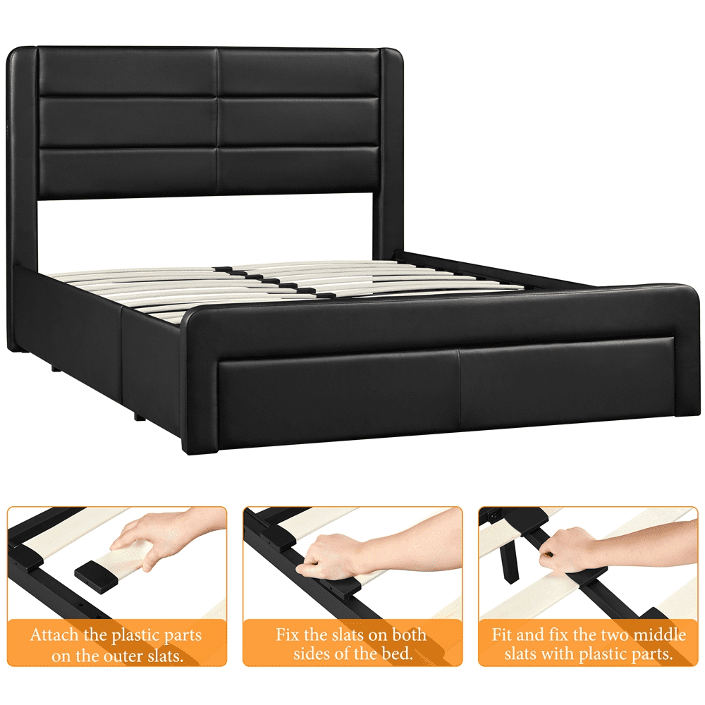 Easyfashion Upholstered Platform Queen Bed with 3 Storage Drawers and Built-in USB Ports, Black