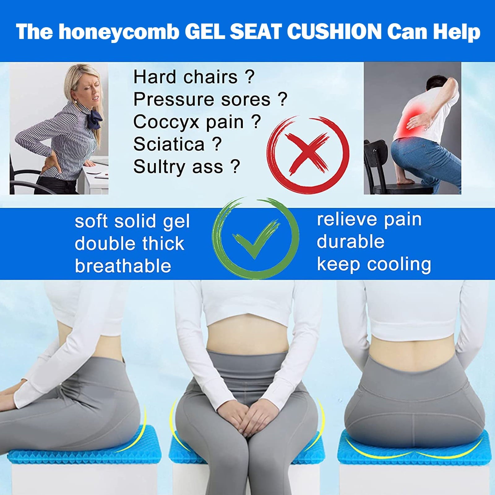 Bicmte Honeycomb Gel Support Seat Cushion with Non-Slip Breathable Cover - 16.5"x14.6" Ergonomic & Orthopedic Gel Seat Cushion Blue Chair Pad