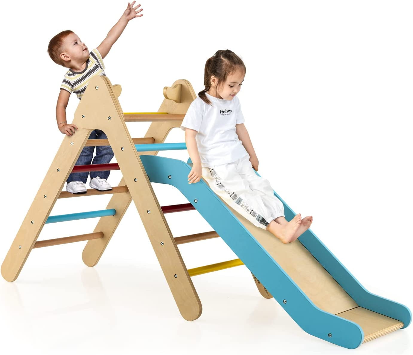 OLAKIDS Climbing Toys for Toddlers, 2 in 1 Montessori Kids Wood Triangle Climber with Ramp Ladder Slide for Gym Playground, Indoor Outdoor Climbing Toy Baby Play Structure Activity Set for Boys Girls
