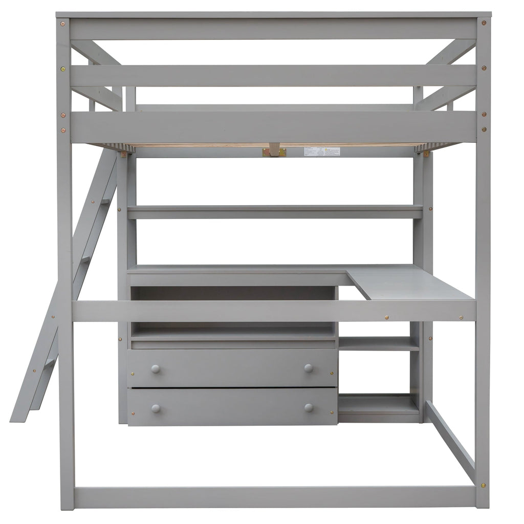 Euroco Full Size Wood Loft Bed with Desk, Shelves and Cabinets for Kids Room, Incline Ladder and 3 Drawers, Gray