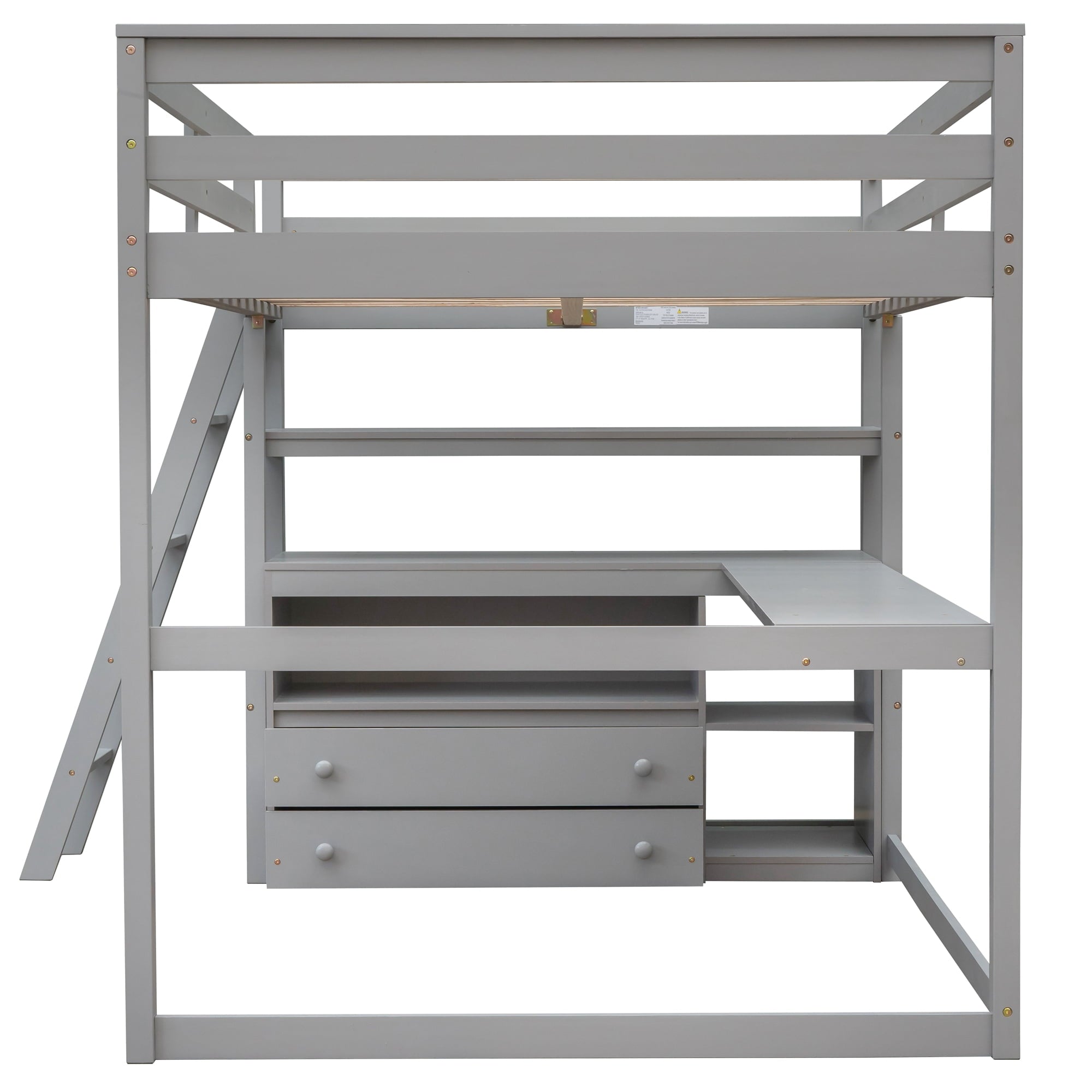 Euroco Full Size Wood Loft Bed with Desk, Shelves and Cabinets for Kids Room, Incline Ladder and 3 Drawers, Gray