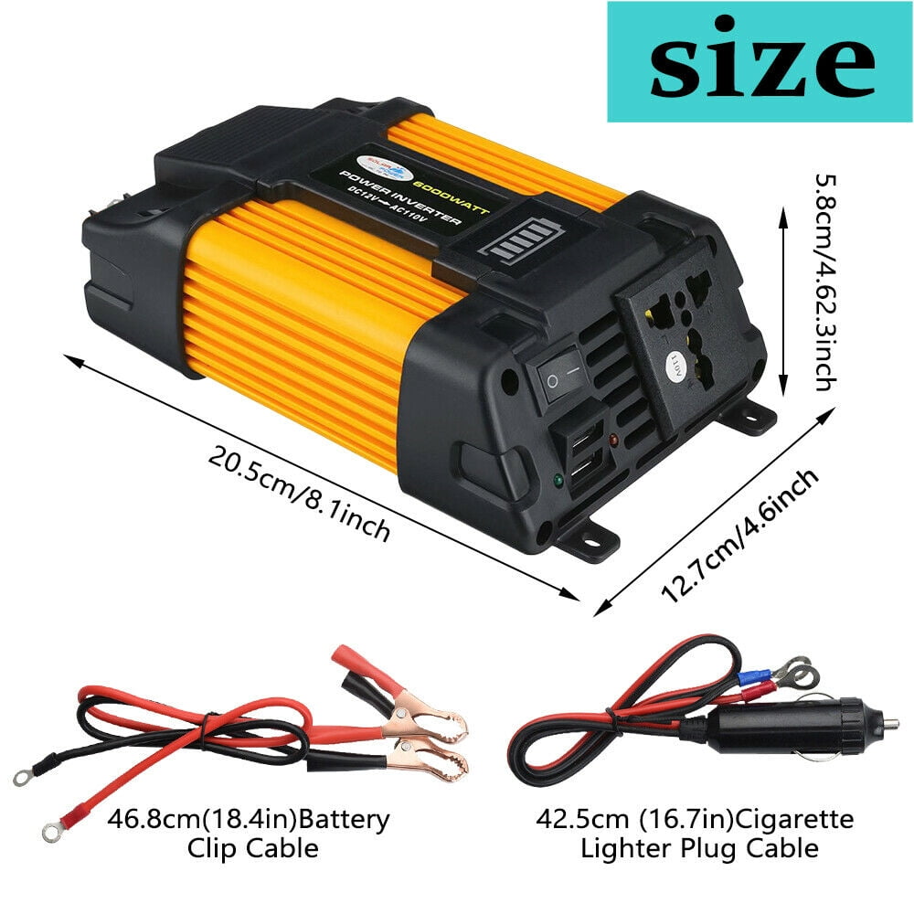 4000W Power Inverter DC12V to AC110V Sine Wave Convert with 2 USB Ports 1 Sockets for Camp Home
