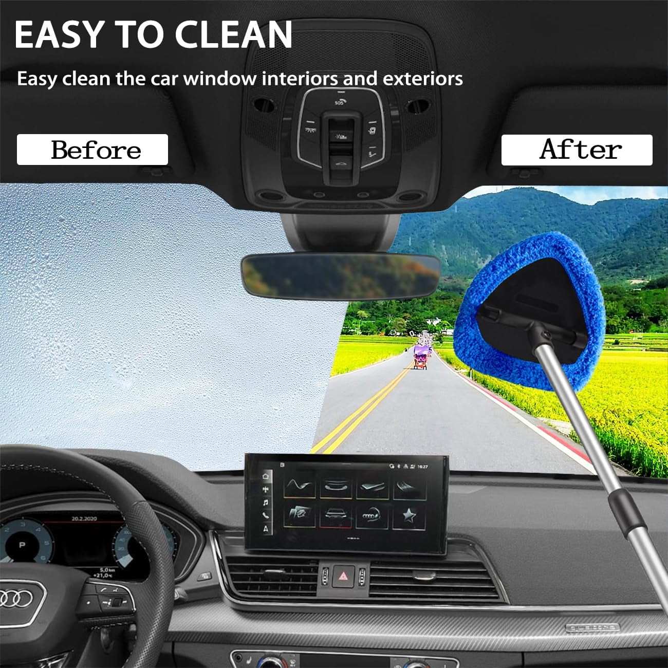 Walkfairy 25.6'' Extendable Longer Windshield Cleaning Tool, Stronger Absorbent Car Window Cleaner with 5 pcs Washable Pads and 2 pcs 60ml Spray Bottles Multifunctional Use Windshield Cleaner Tool Kit