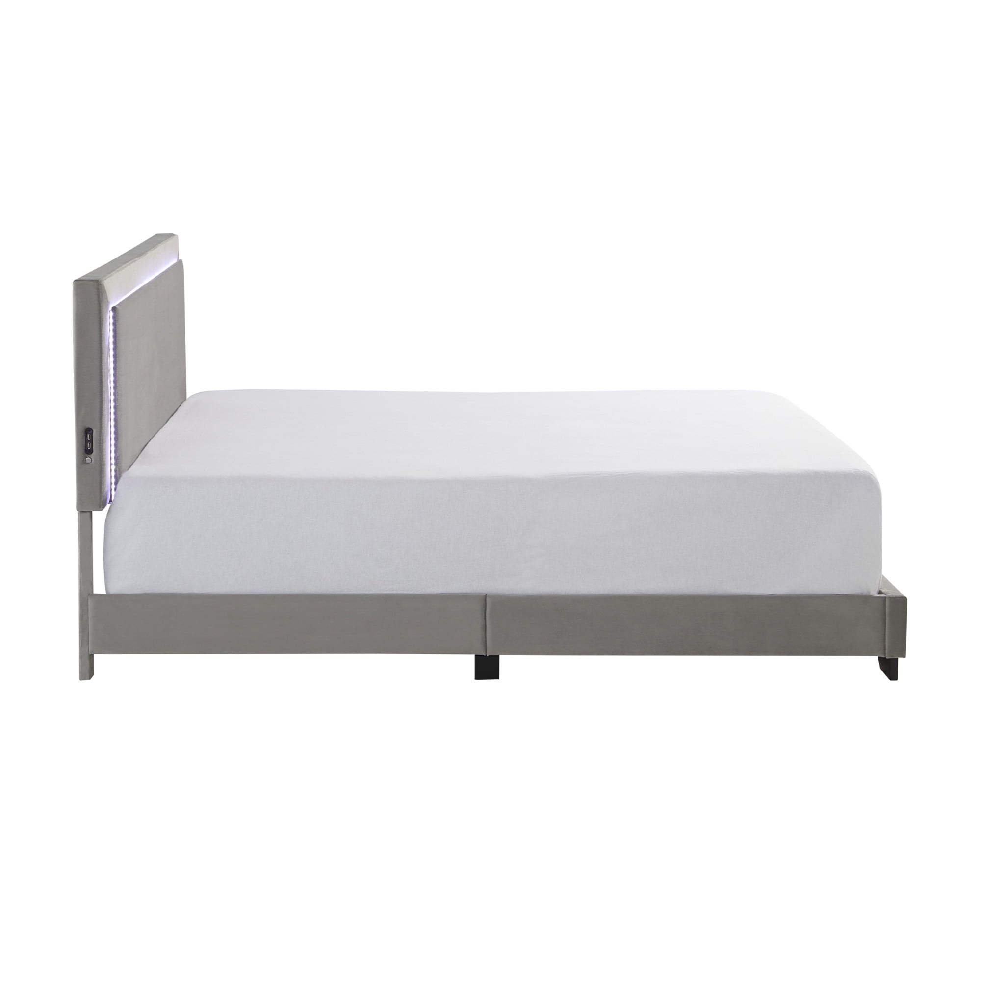Anchorage Upholstered Queen Bed with LED Lights and USB, Platinum