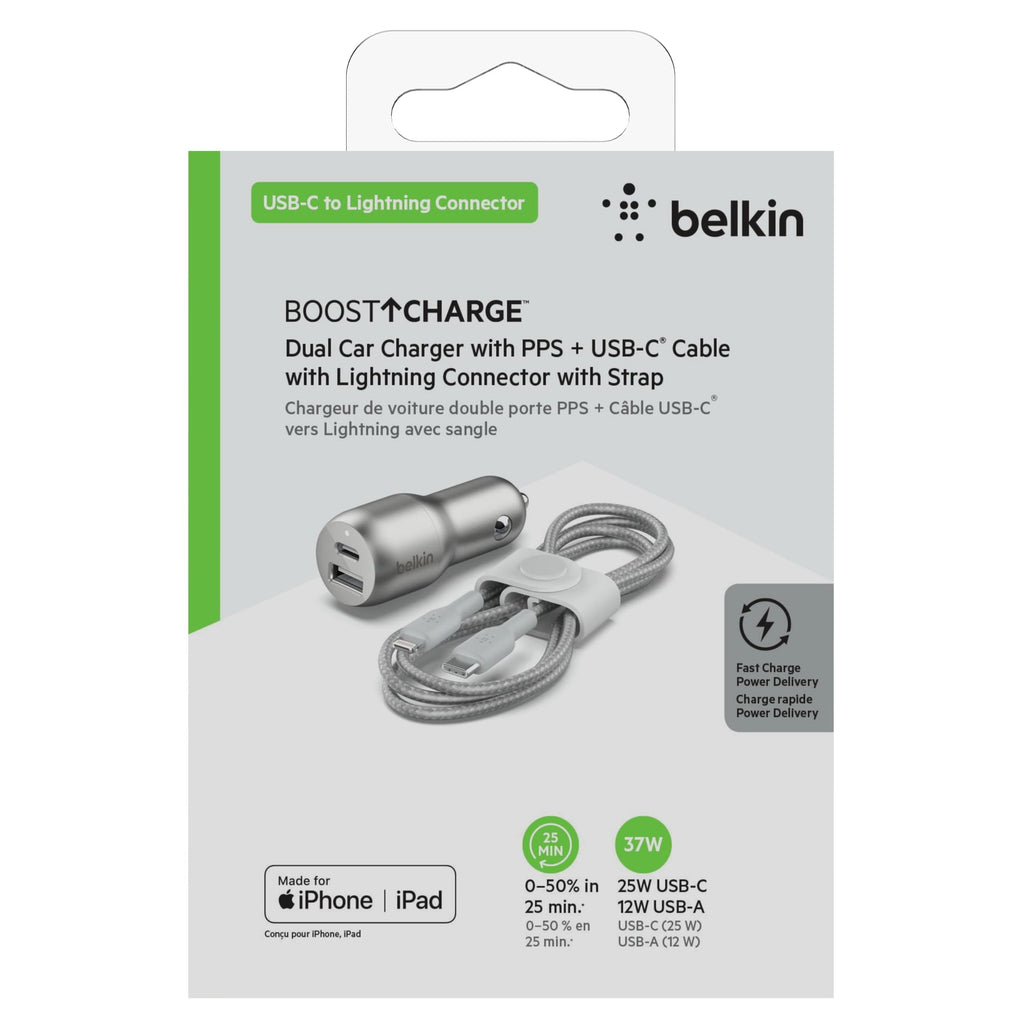 Belkin 37W Dual Port Fast Car Charger with 3.3ft USB-C Cable Included, USB-C 25W PPS Port and USB-A 12W Port for Galaxy S23, S23+, Ultra, Note20, iPhone 15, 14, 13, 12, 11, Pro, Max, Mini and More