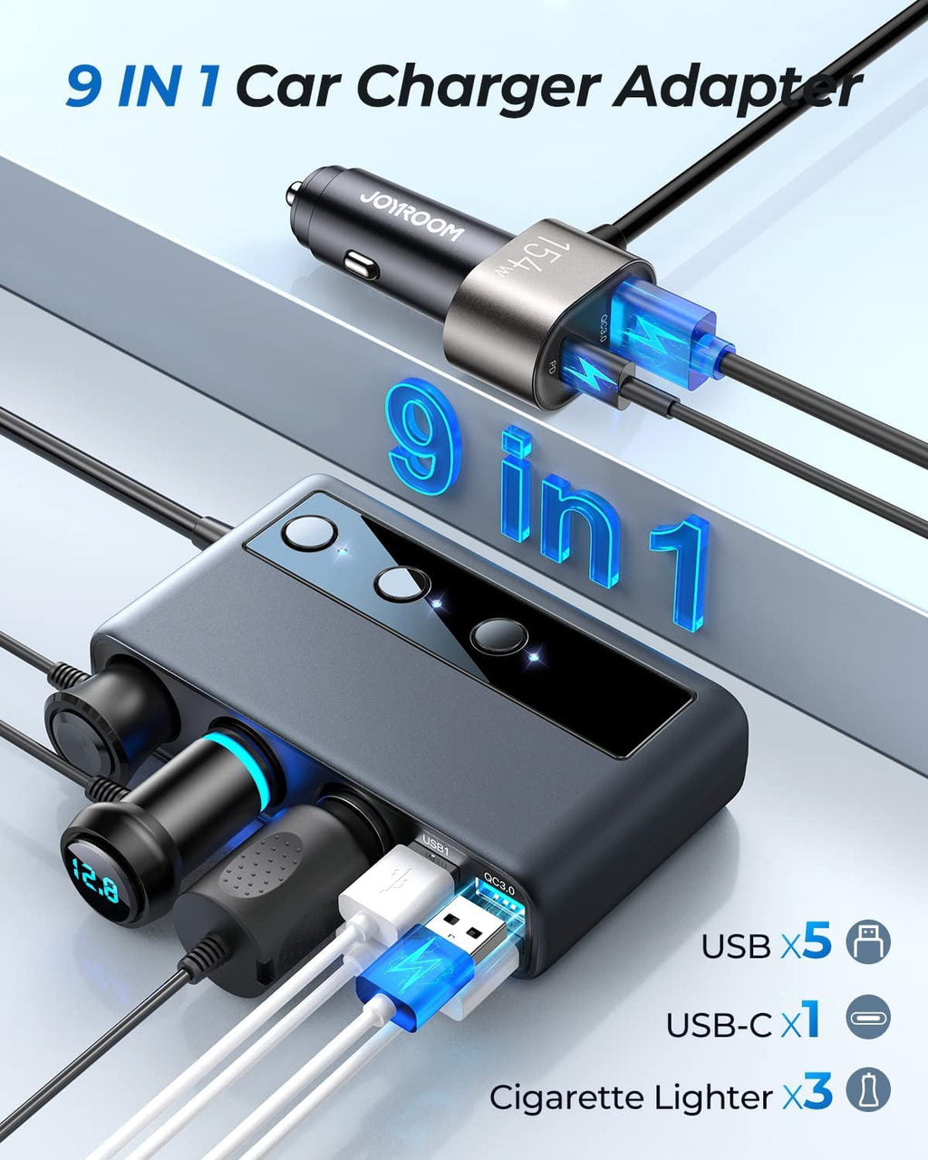 JOYROOM 3 Socket Car Cigarette Lighter Adapter, 154W PD & QC 3.0 Fast USB Car Charger, 12V/24V DC Outlet Cigarette Lighter Splitter with Individual Switches for All Car Devices