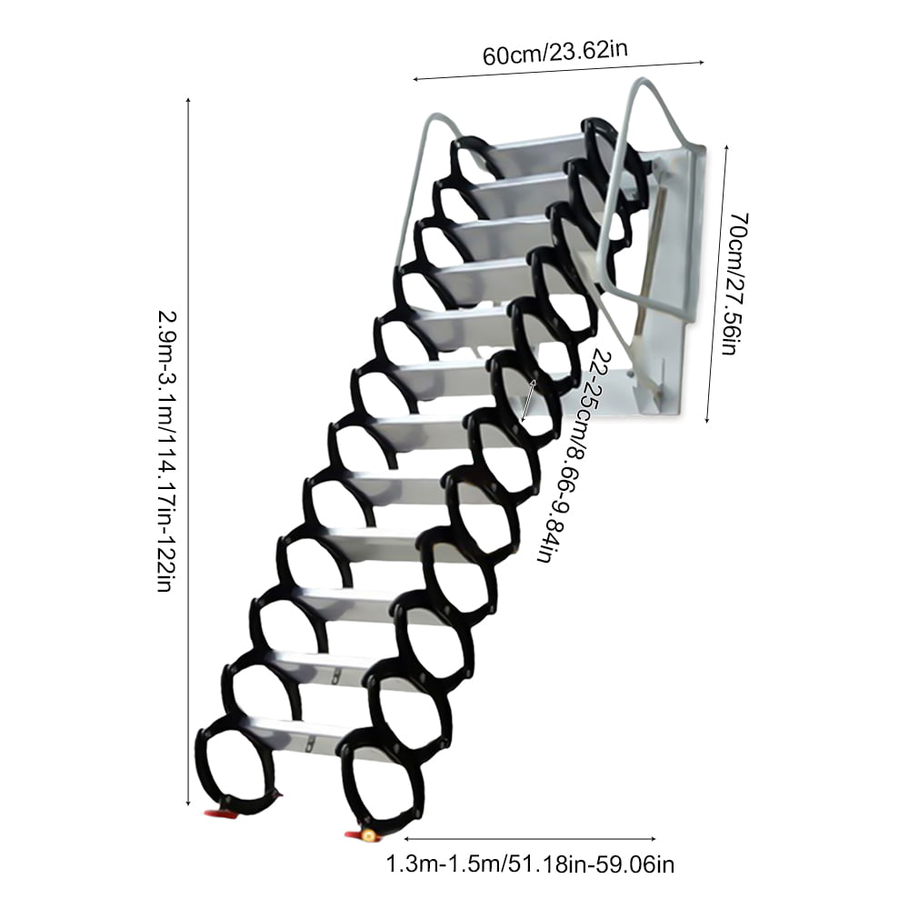 Loft Telescoping Ladder Stairs, 114-122" Wall Mounted Folding Ladder Scissor Structure Collapsible Attic Extendable Stairs,White/Black 12 Steps