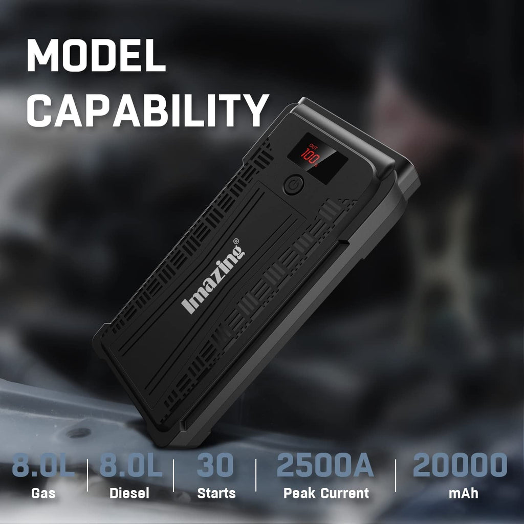 Imazing Portable Car Jump Starter - 2500A Peak 20000mAH (Up to 8L Gas/8L Diesel Engine) 12V Auto Battery Booster Portable Power Pack with LCD Display, QC 3.0 and LED Light