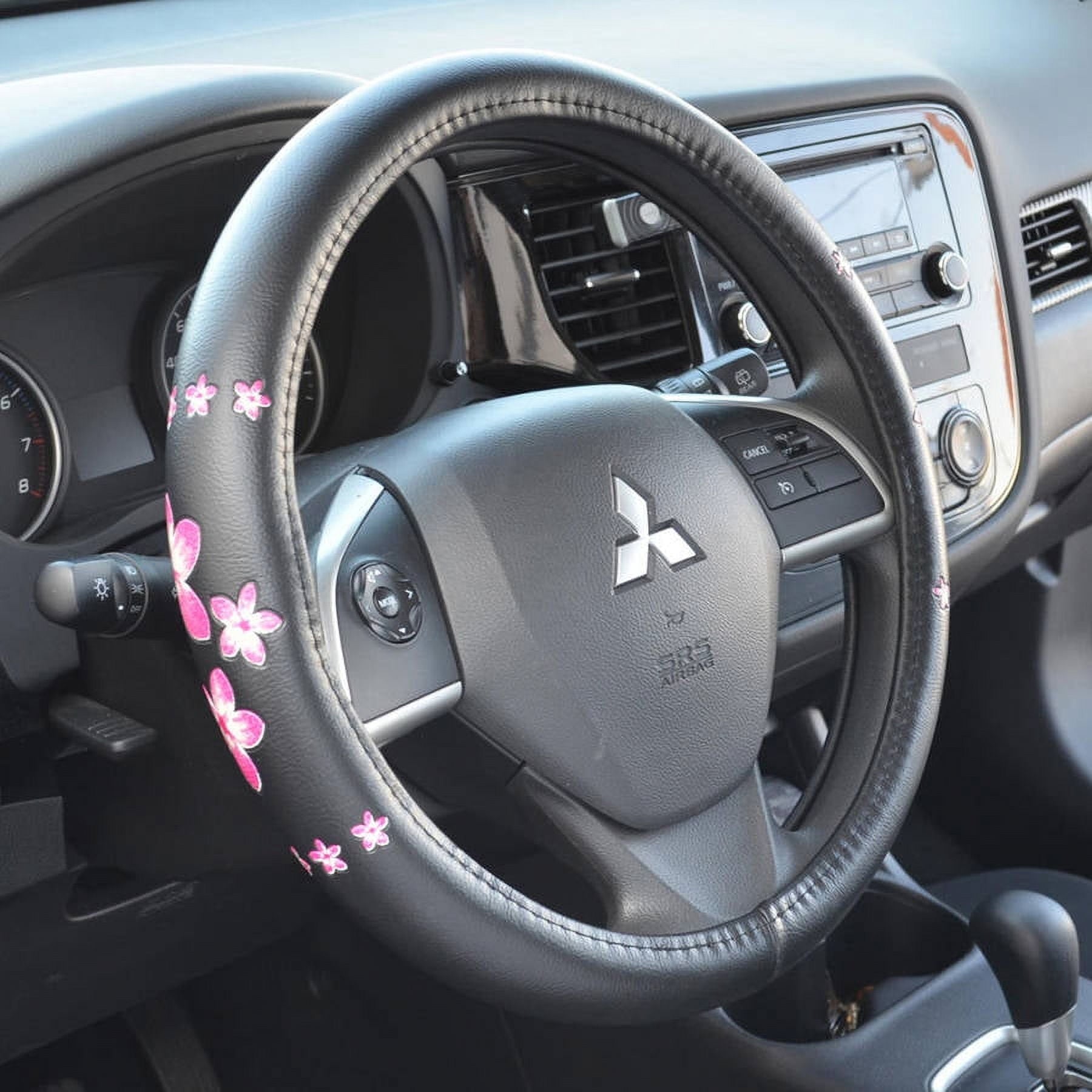 BDK Pink Floral Design Car Steering Wheel Cover, Standard Size 14.5 to 15.5"