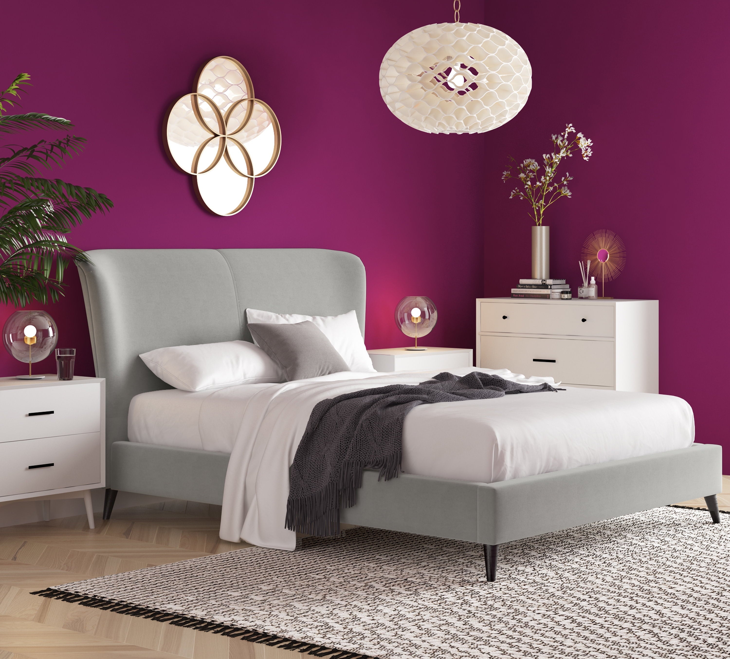 Adore Decor Adele Velvet Upholstered King Size Bed Frame with Winged Headboard, Gray